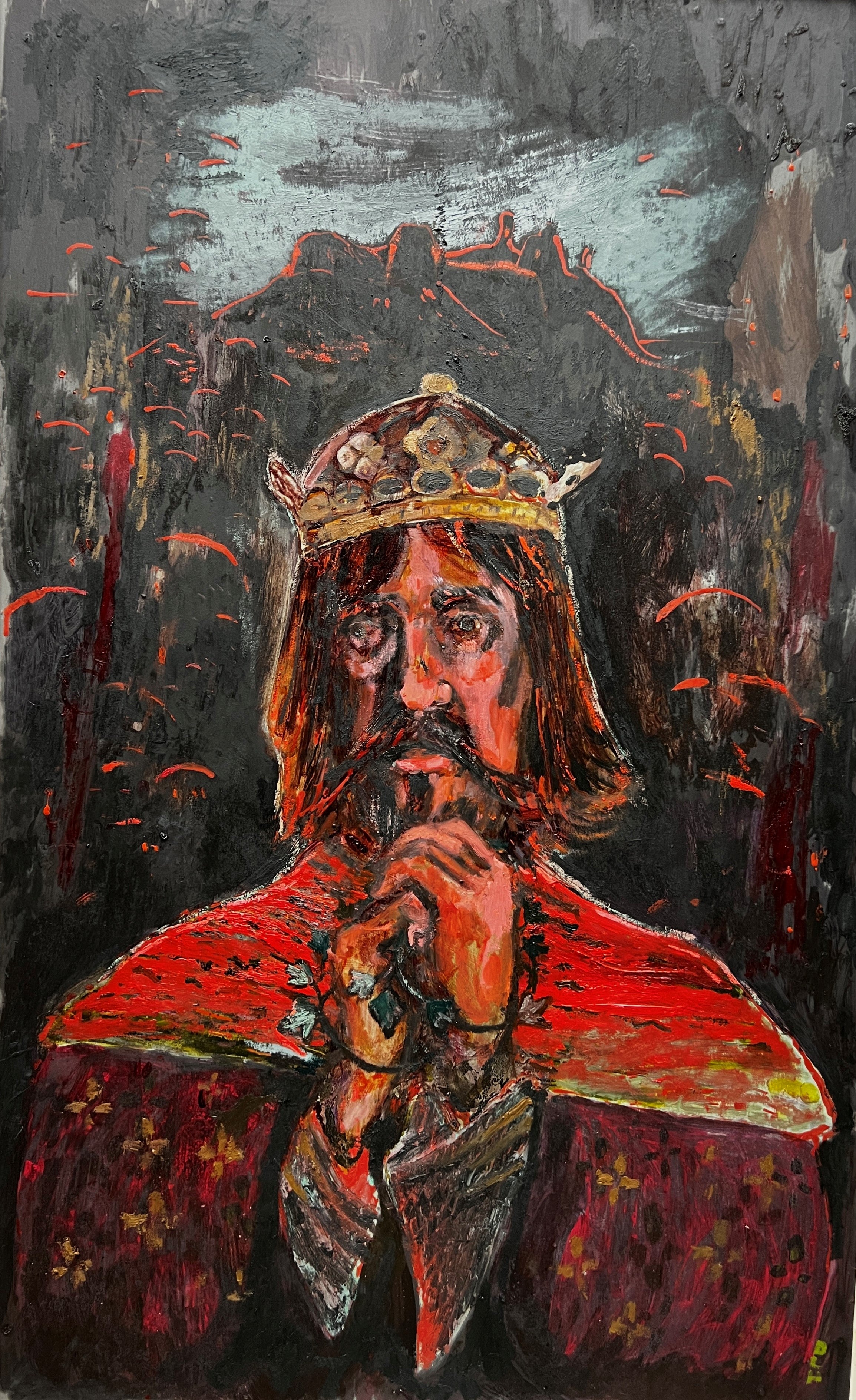 The painting is of Llywelyn II, also known as Llywelyn the Last, bound in Ivy before departing his native Wales to face execution