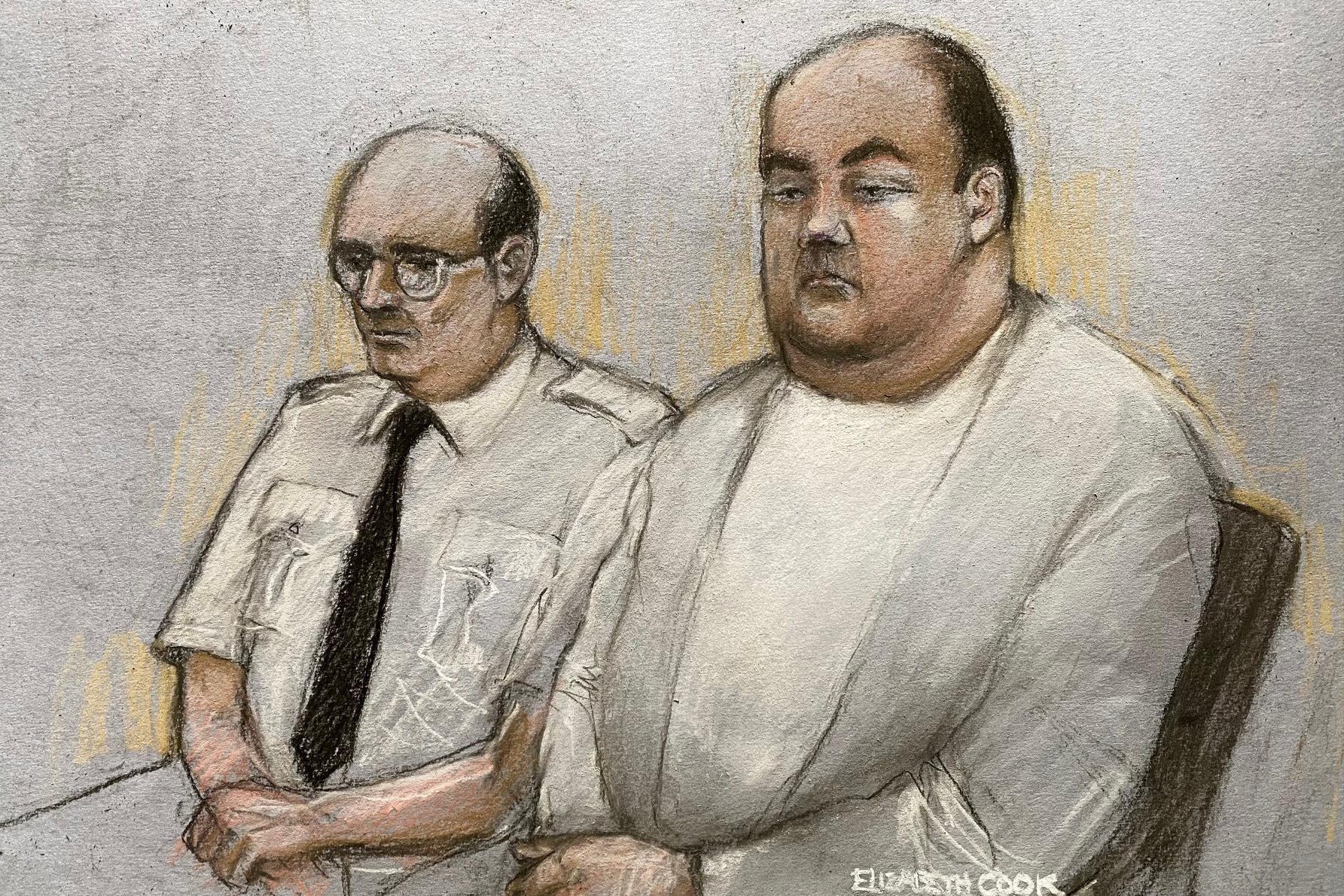 Court artist drawing by Elizabeth Cook of Gavin Plumb (right) who plotted to kidnap and murder Holly Willoughby, appearing at Chelmsford Crown Court (Elizabeth Cook/PA)