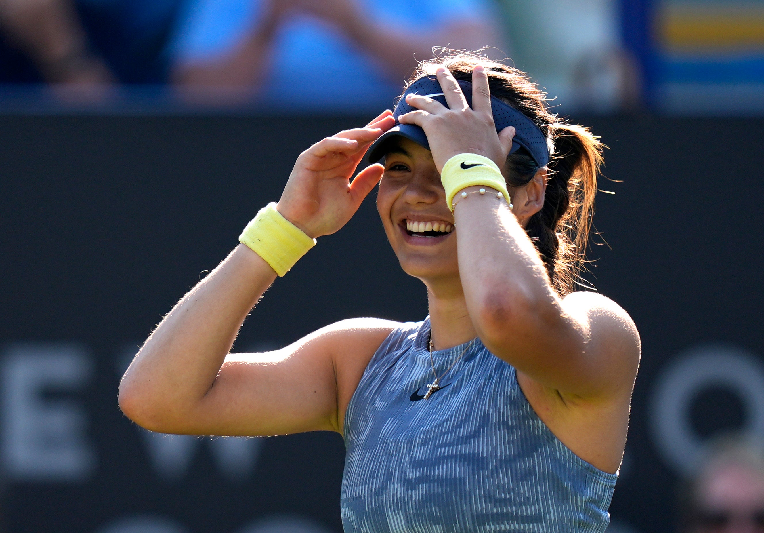 Emma Raducanu celebrates after her impressive victory at Eastbourne