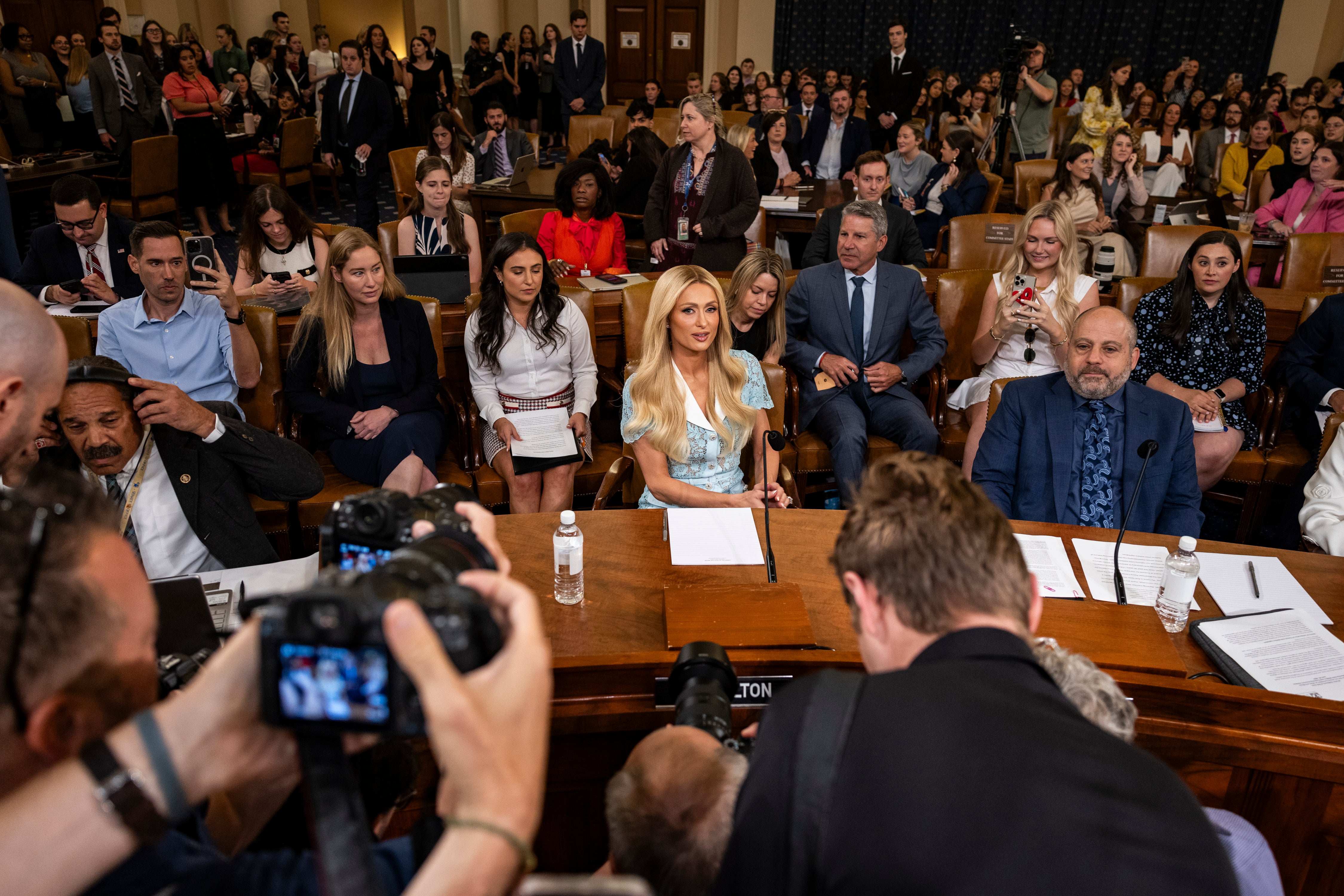 Paris Hilton attends a House Committee on Ways and Means hearing on Wednesday. The heiress previously testified to Congress in 2021, advocating for a “Bill of Rights” for kids in residential facilities