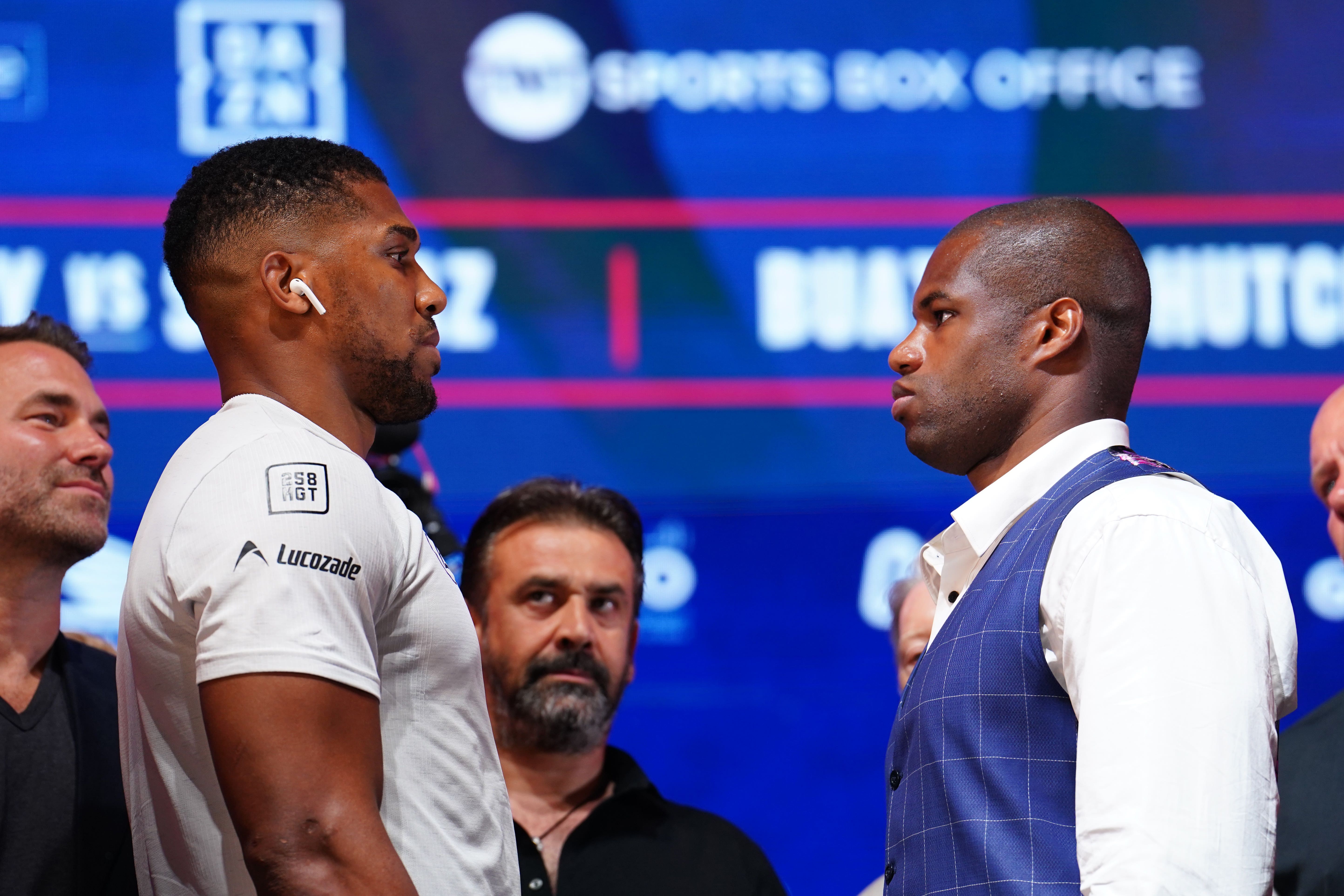 Anthony Joshua (left) and Daniel Dubois face off at a press conference in June (Jordan Pettitt/PA)