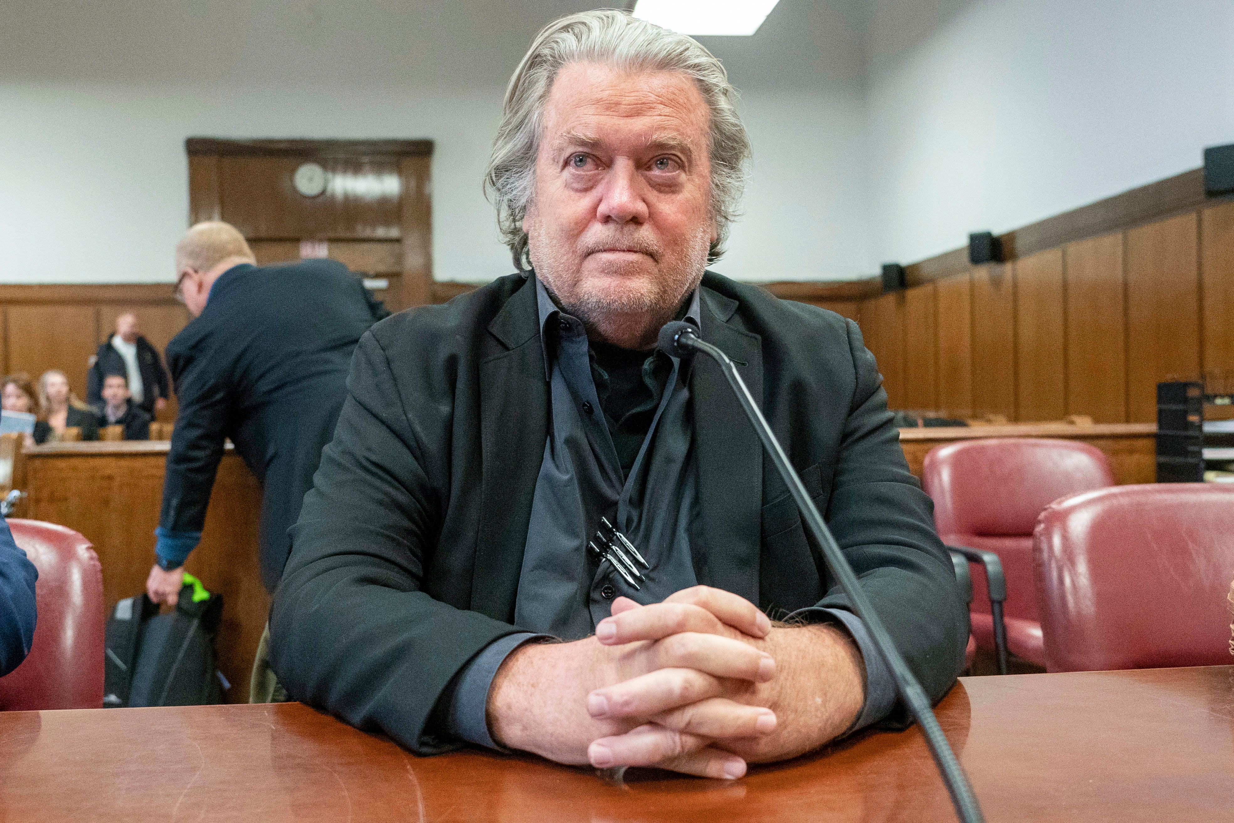 Steve Bannon, appearing in court in New York in 2023 for a separate case, has asked the Supreme Court to delay his prison sentence while he fights convictions for defying subpoenas from a congressional committee investigating January 6.