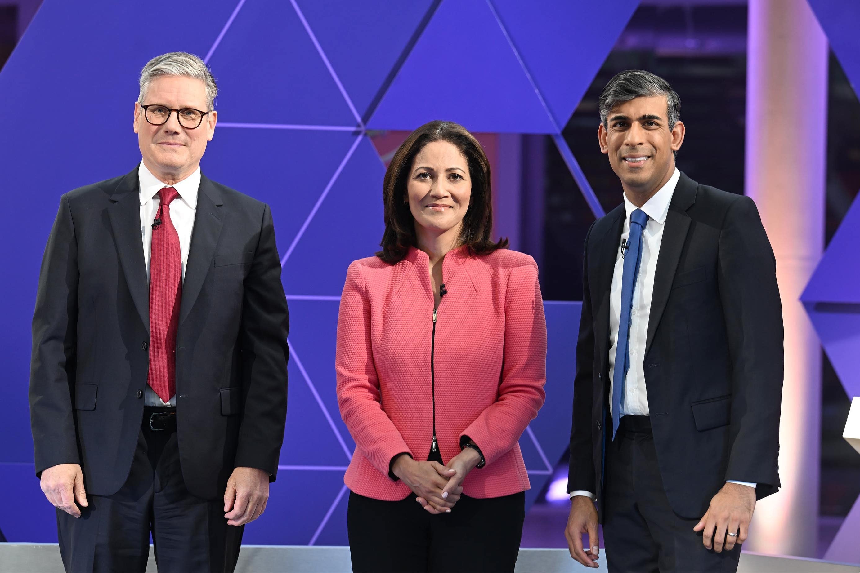 Presenter Mishal Husain with Prime Minister Rishi Sunak and Labour leader Sir Keir Starmer during their BBC head-to-head debate in Nottingham (Jeff Overs/BBC/PA)