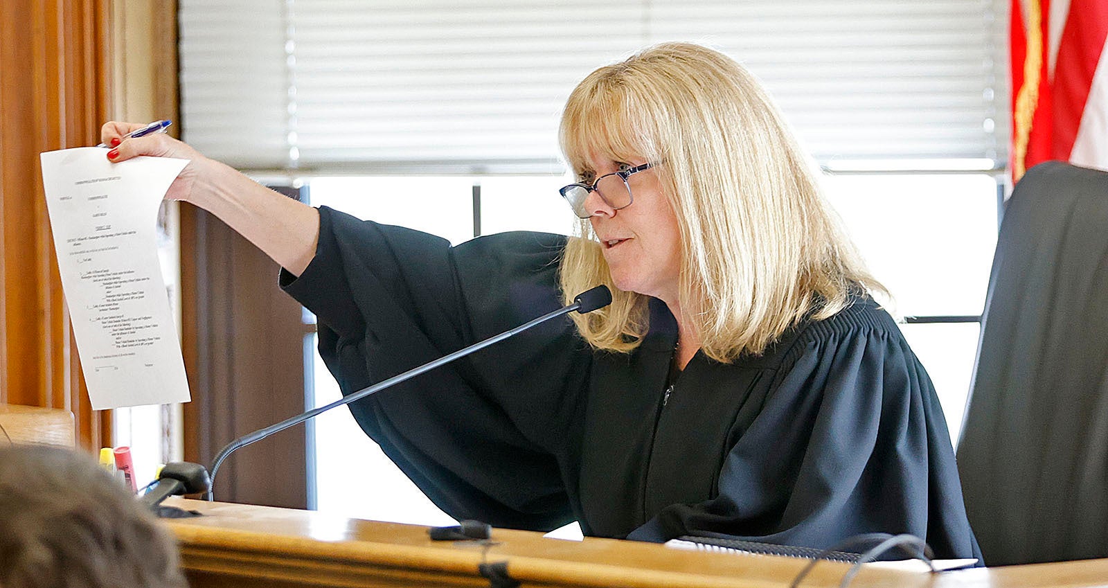 Judge Beverly Cannone looks over the verdict slip the jurors have to fill out when they reach a verdict in Karen Read's murder trail, Wednesday June 26, 2024, at Norfolk Superior Court in Dedham