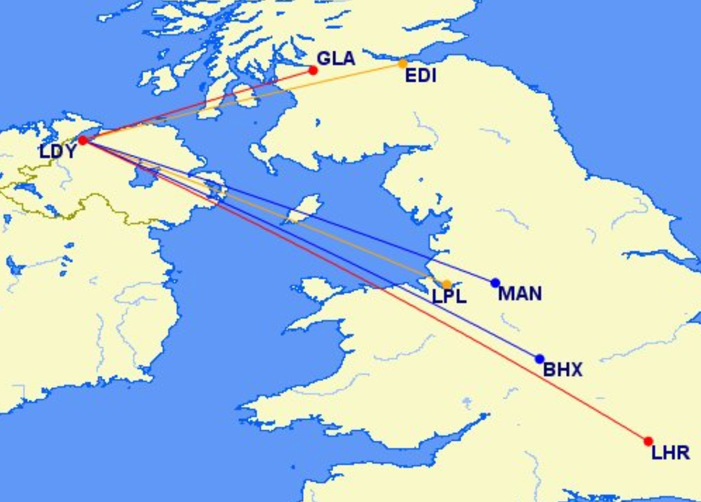 Links from Derry’s airport on Loganair (red), Ryanair (blue) and easyJet (orange)