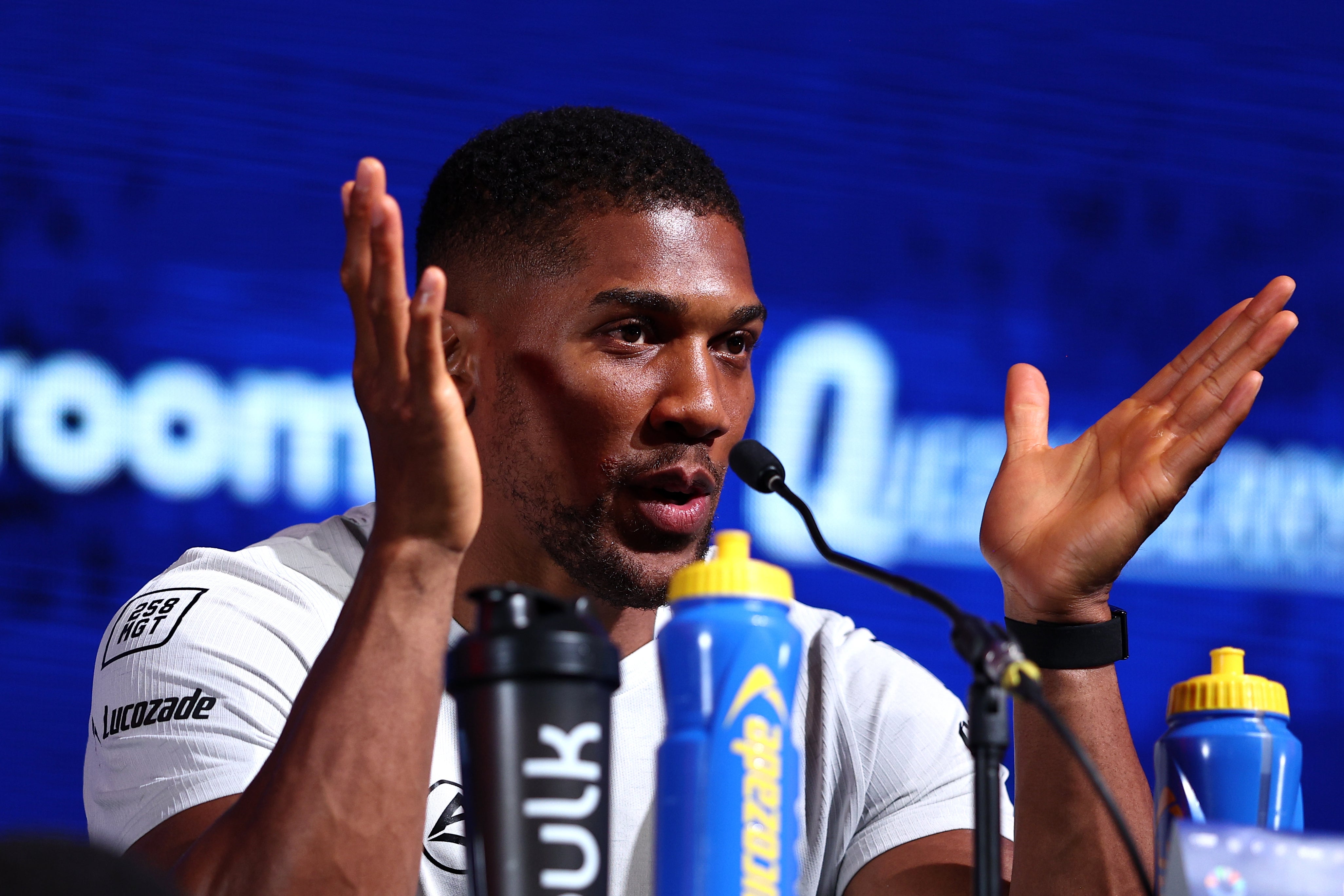 Anthony Joshua at a press conference for his fight with Daniel Dubois