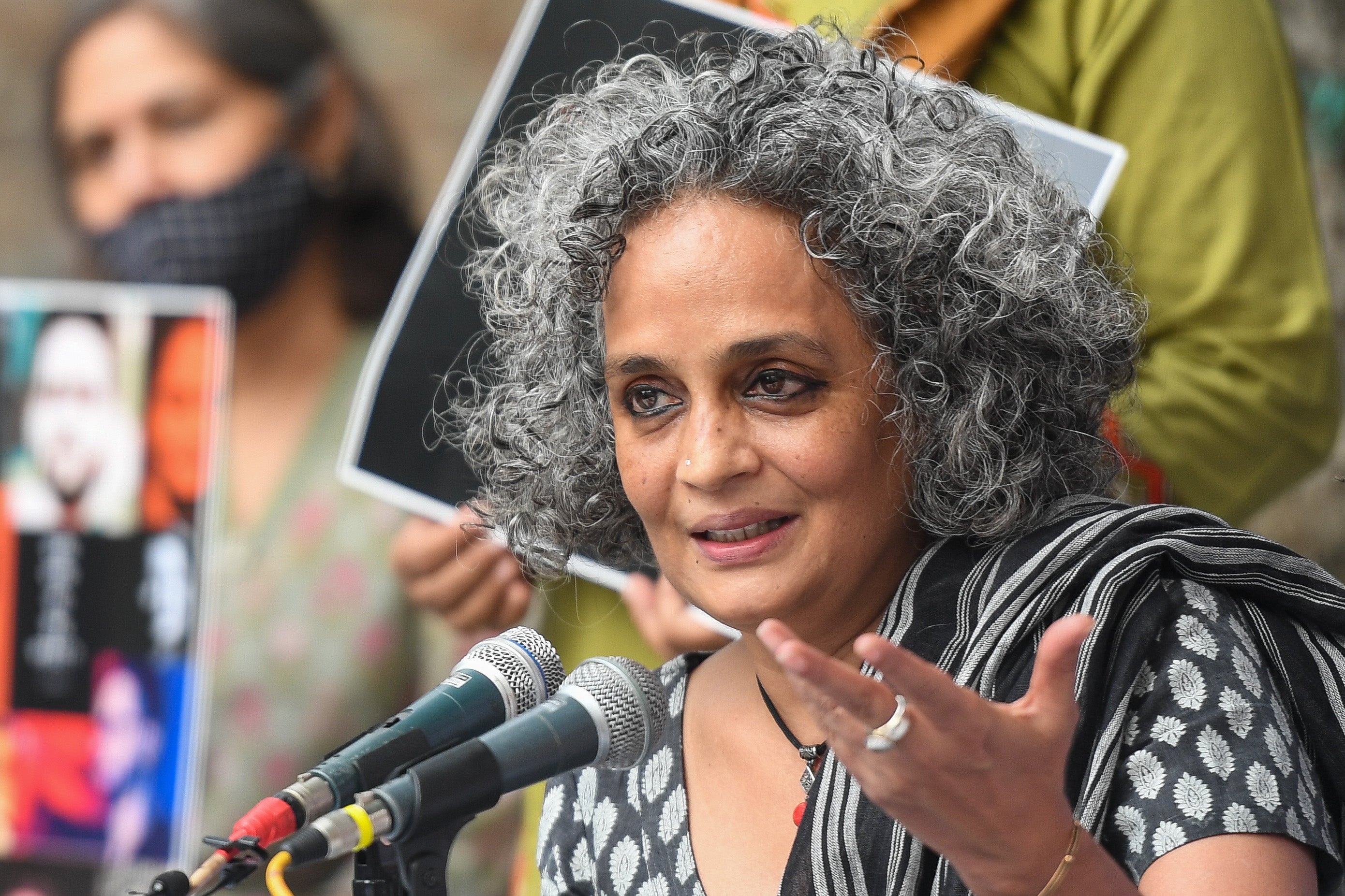 Arundhati Roy speaks during a press conference on Supreme Court’s opinion on public protests in New Delhi on 22 October 2020