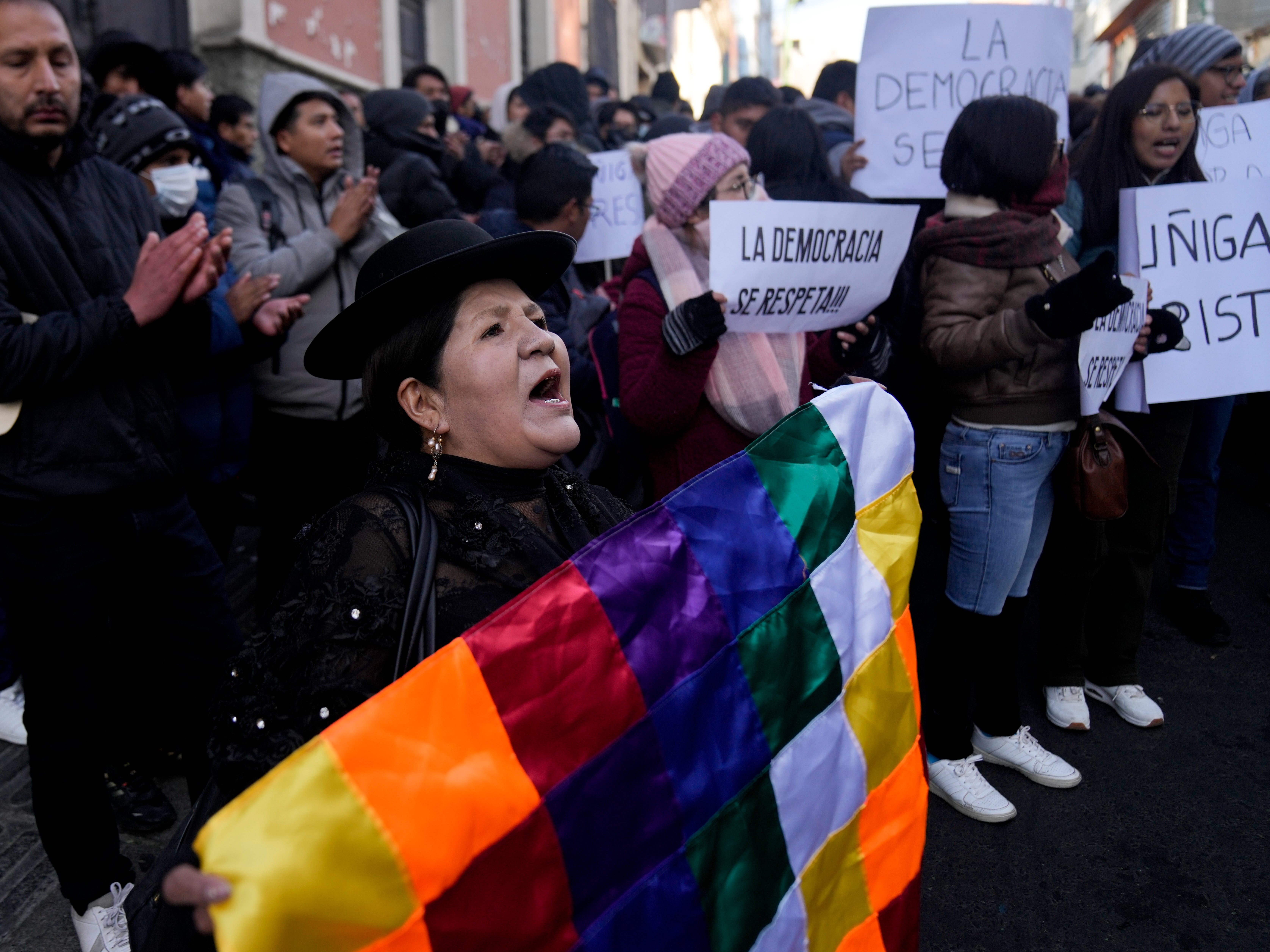 Alicia Chura, a supporter of Bolivian president Luis Arce, shouts against the now-ousted Bolivian army chief who led some soldiers to storm the presidential palace in La Paz on Thursday June 27 2024