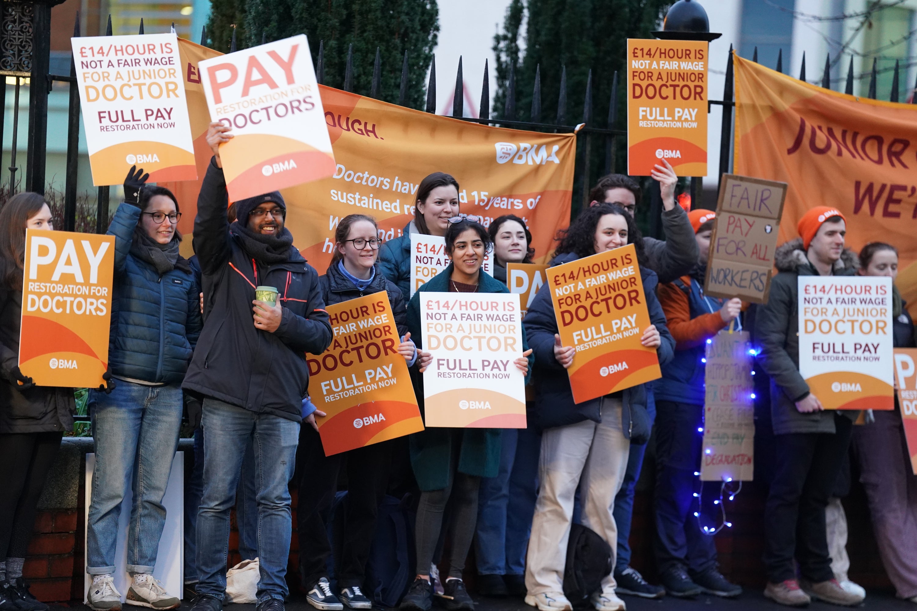 Junior doctors and members of the BMA on a picket line outside the Royal Victoria Infirmary, Newcastle, in January