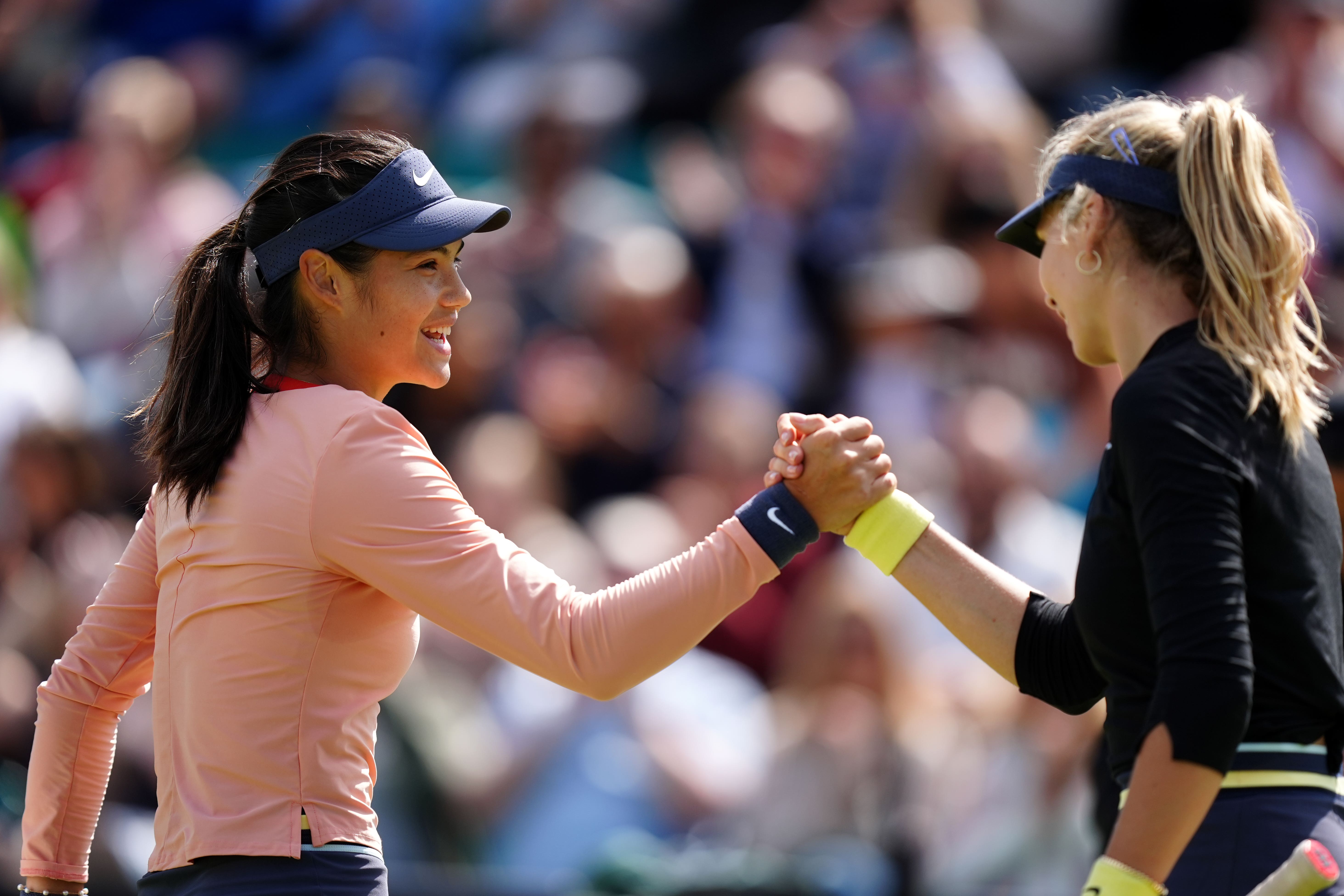 Emma Raducanu (left) shakes hands with Katie Boulter after losing the women’s semi-final match on day seven of the Rothesay Open at the Lexus Nottingham Tennis Centre, Nottingham. Picture date: Sunday June 16, 2024.