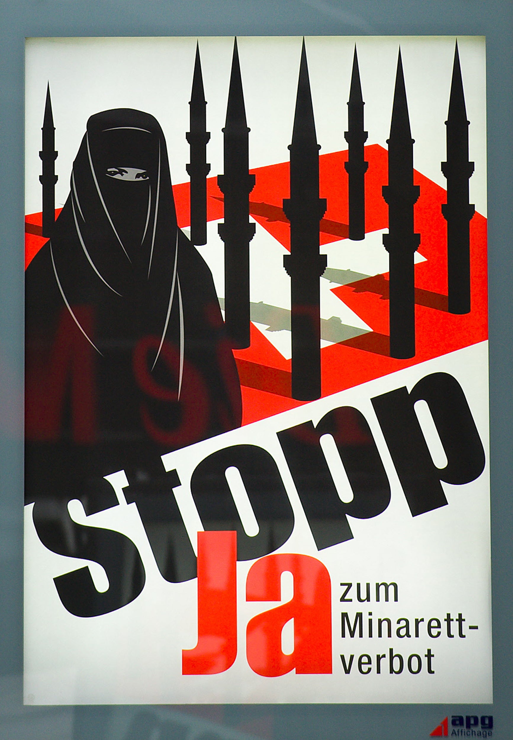 A campaign poster from Switzerland calling for a ban on minarets