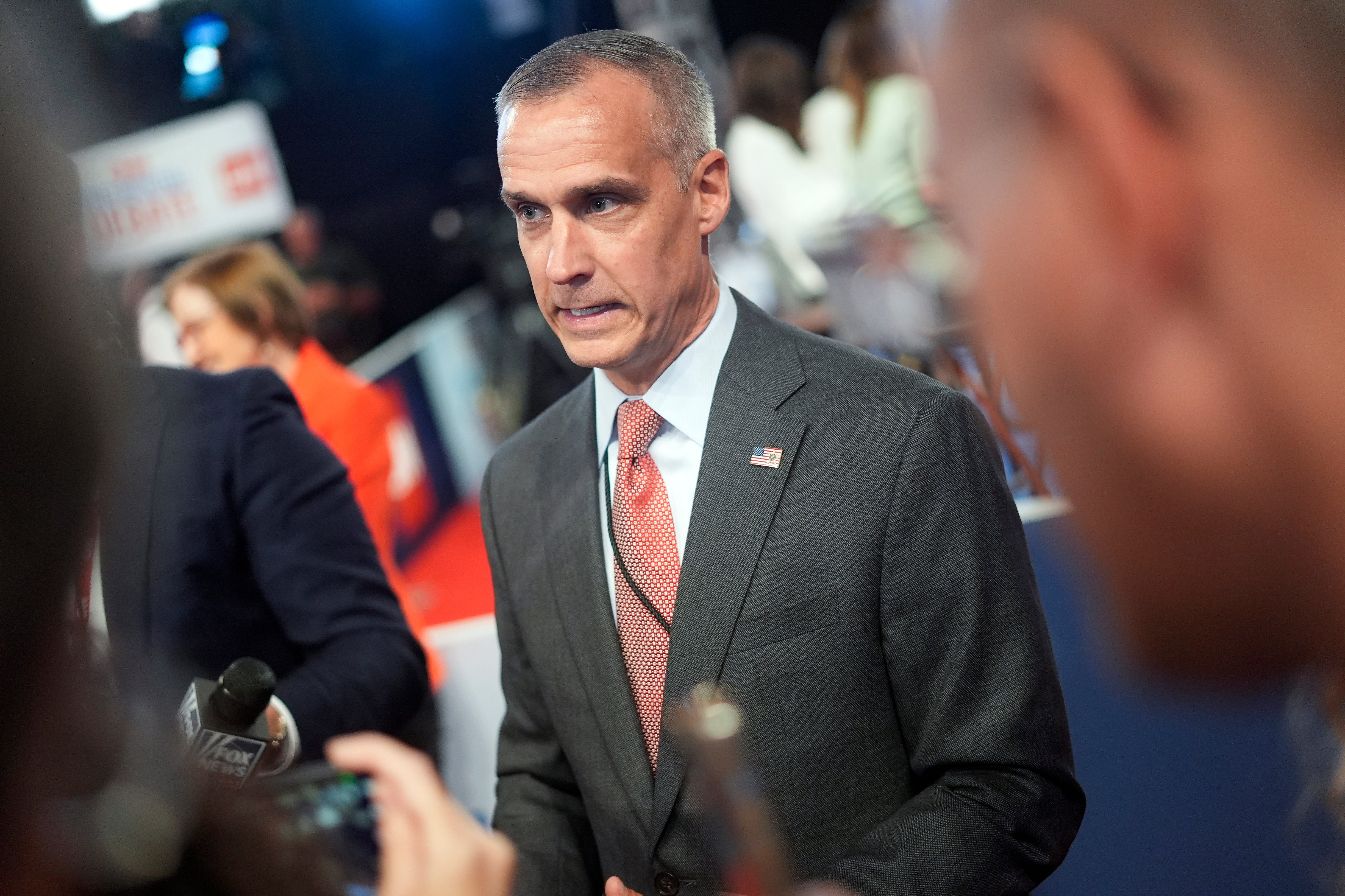 Corey Lewandowski speaks with reporters in the spin room before the presidential debate between Biden and Trump