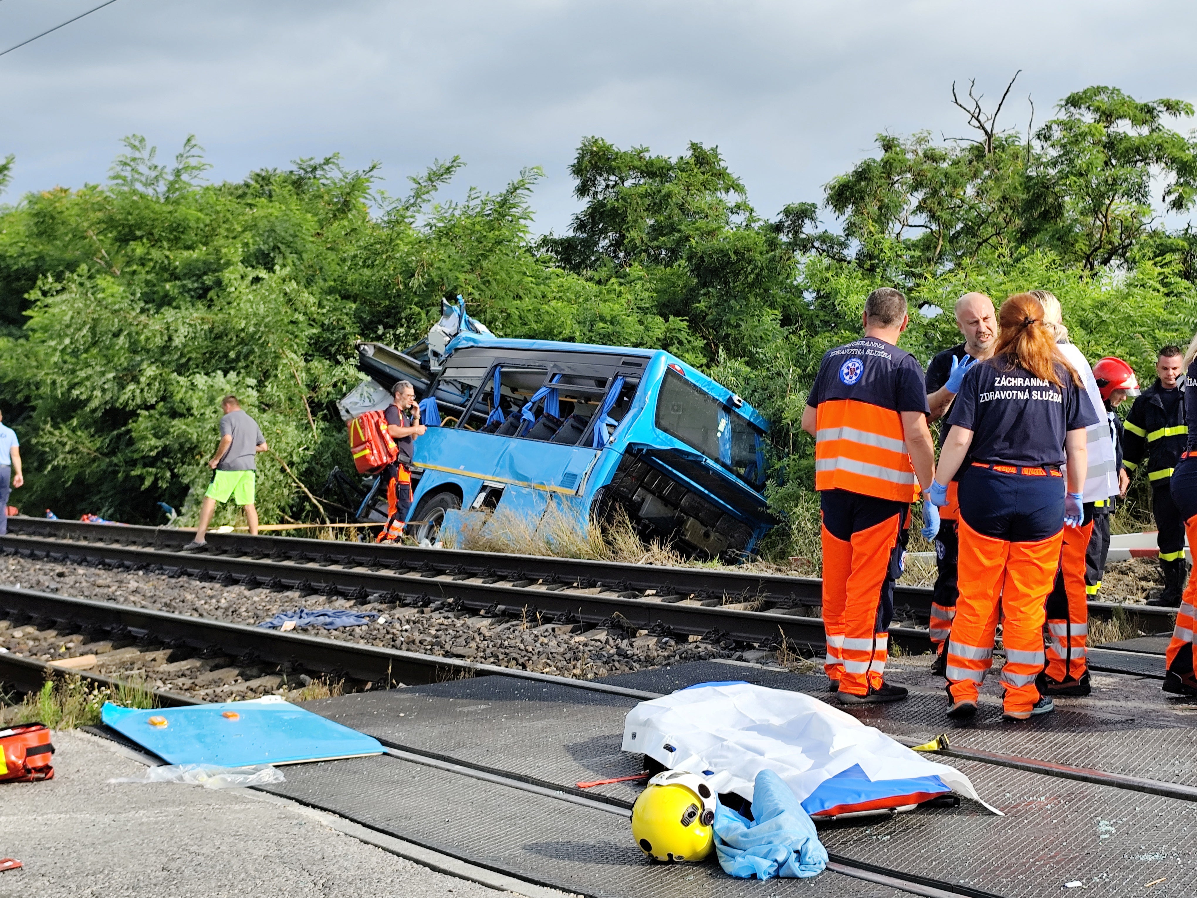 Rescue workers at the scene of the accident near Nove Zamky in Slovakia