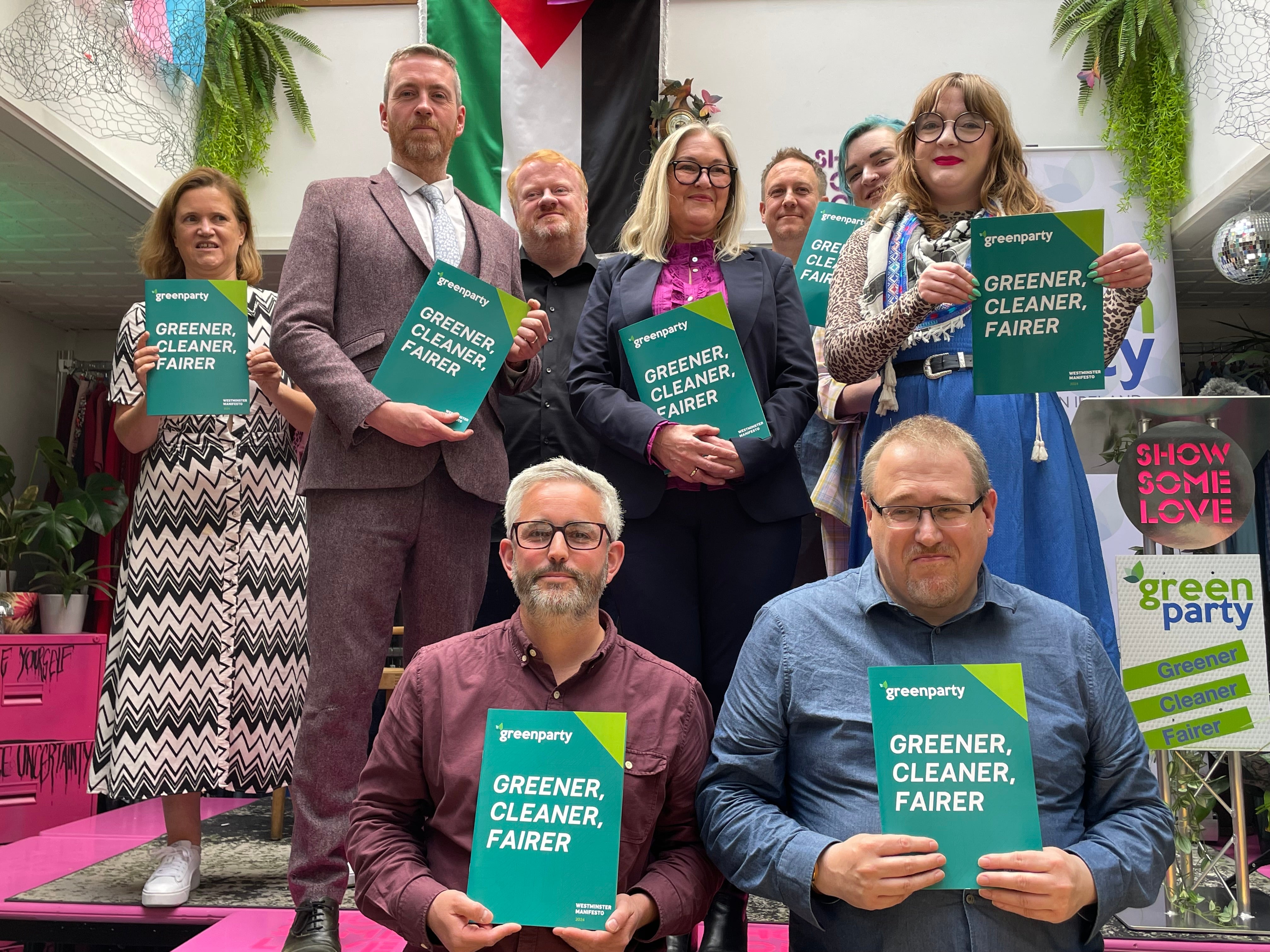 Green Party Northern Ireland candidates at the launch of their General Election manifesto at the Show Some Love Greenhouse centre in Belfast on Friday afternoon. (Rebecca Black/PA)