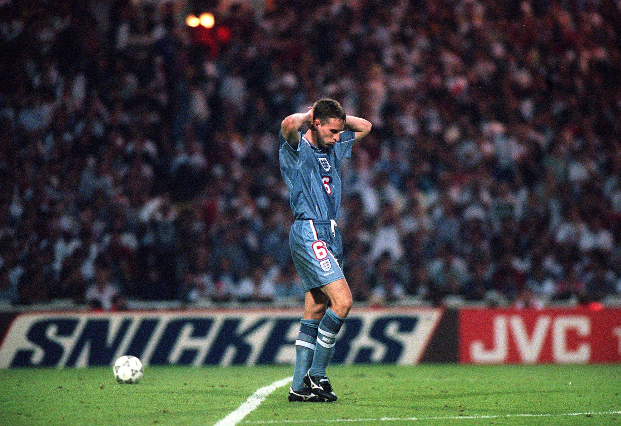 Southgate reacts after missing in the penalty shootout loss to Germany at Euro ‘96