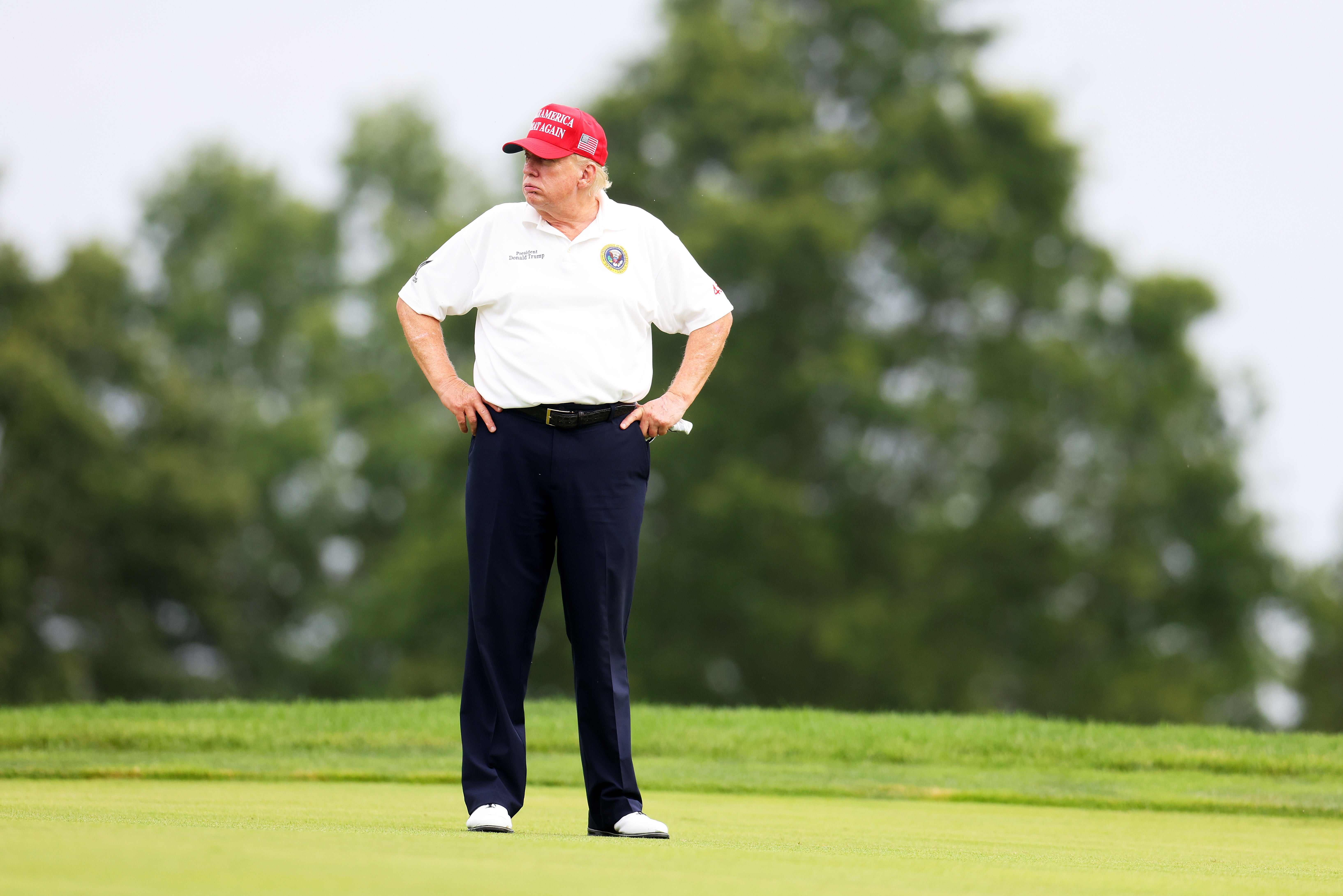 Donald Trump looks on ahead of the LIV Golf Invitational - Bedminster at Trump National Golf Club on August 10, 2023