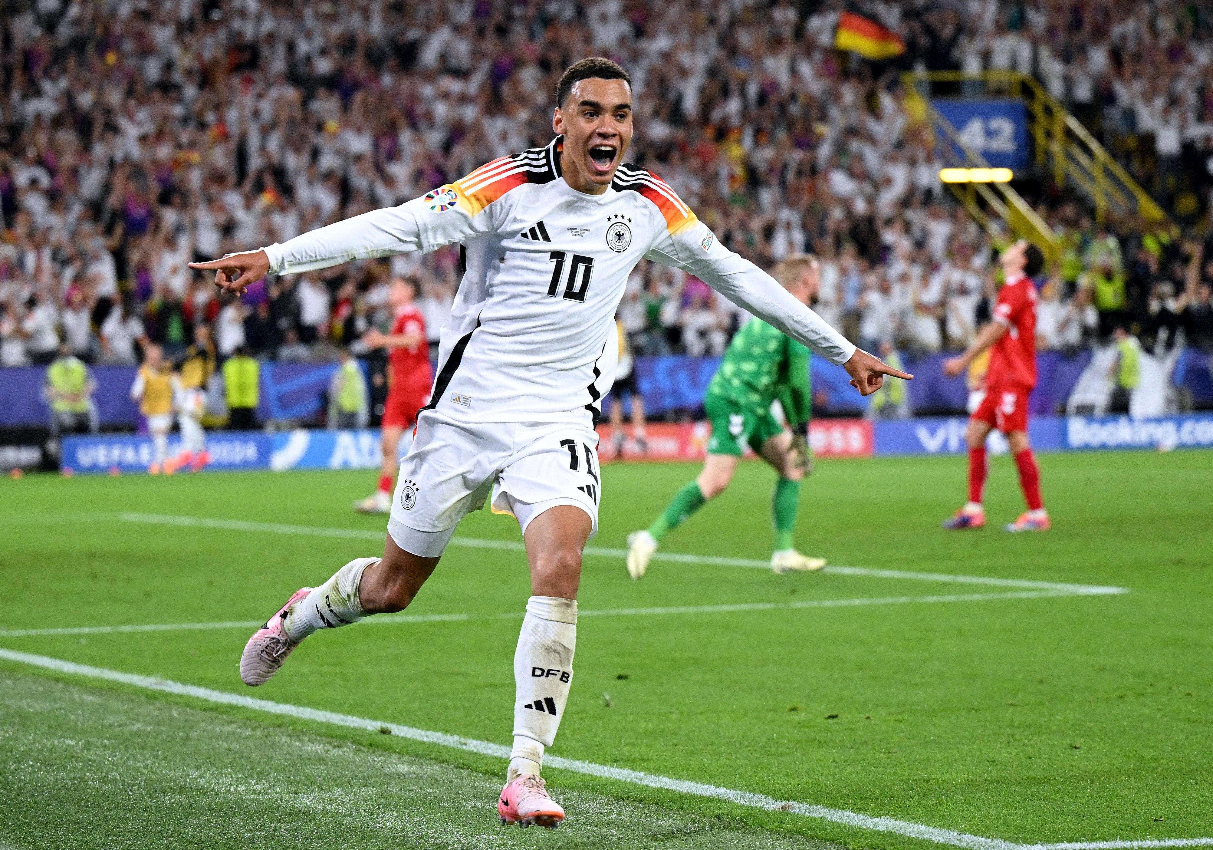 Jamal Musiala celebrates scoring Germany’s second goal