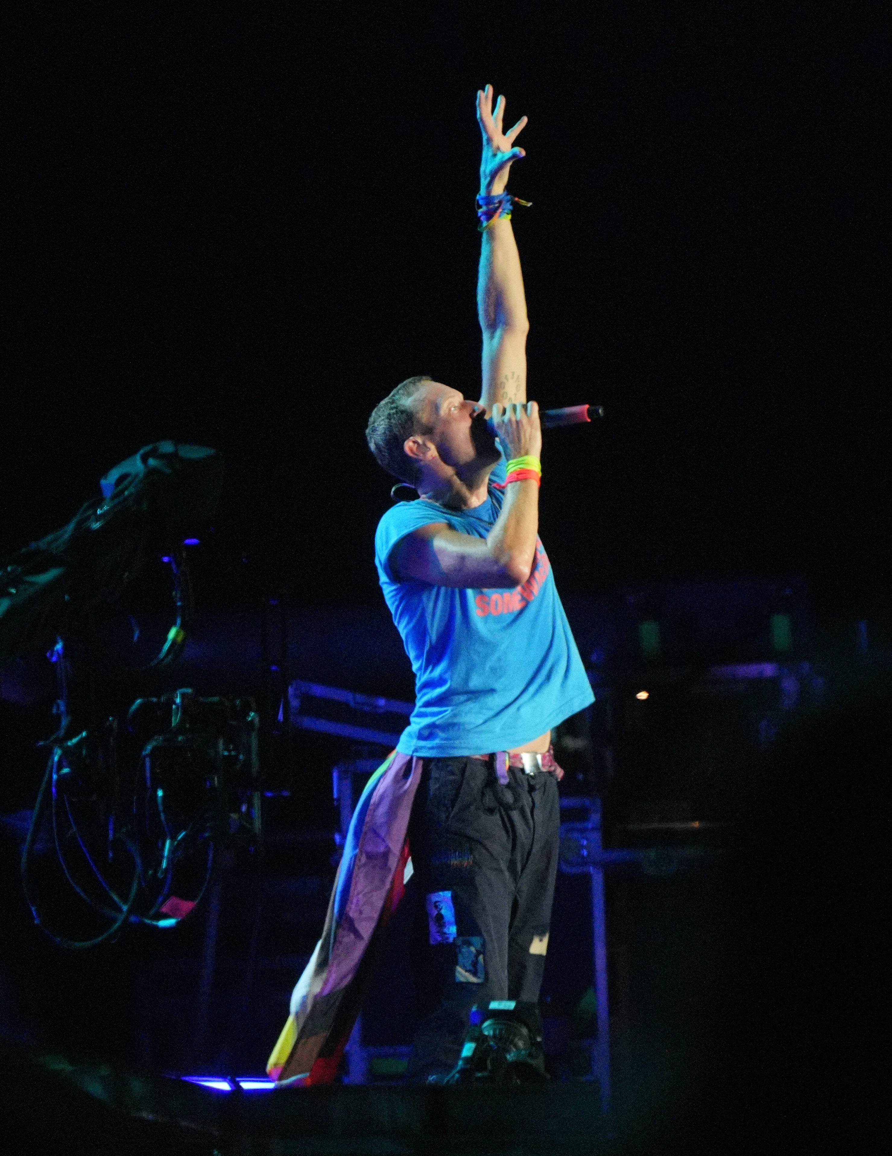 Chris Martin of Coldplay, who performed on the Pyramid Stage on Saturday night for the fifth time (Yui Mok/PA)