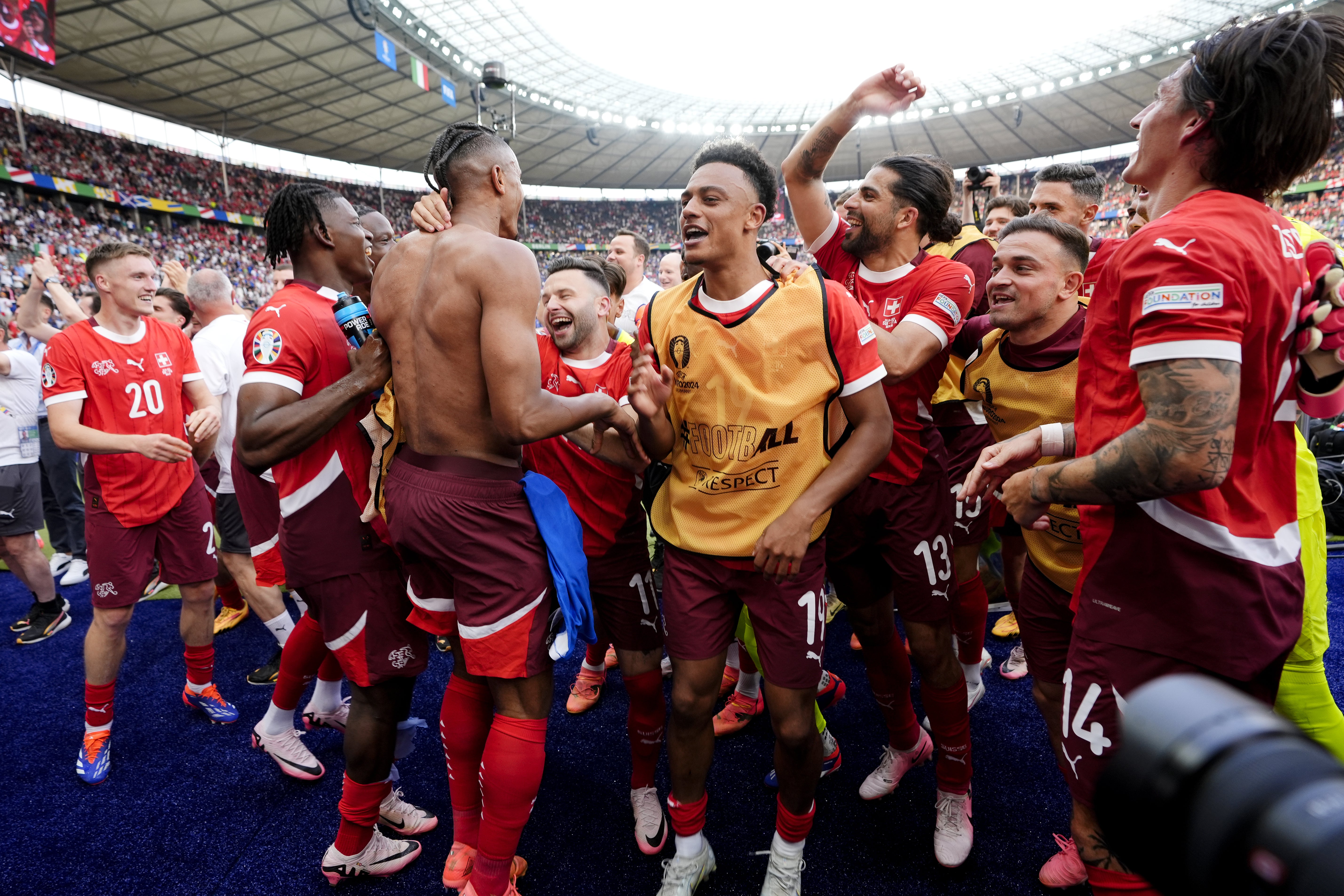 Switzerland, who have never been past this stage of a major tournament, celebrate their historic 2-0 win over Italy