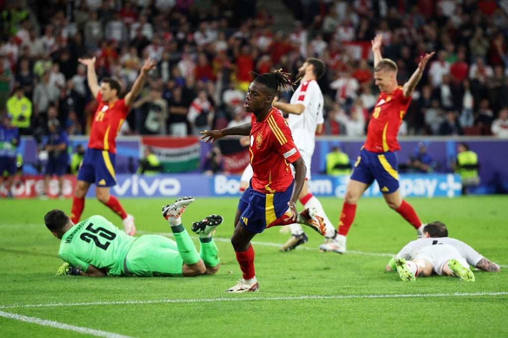 Nico Williams celebrates after scoring Spain’s third