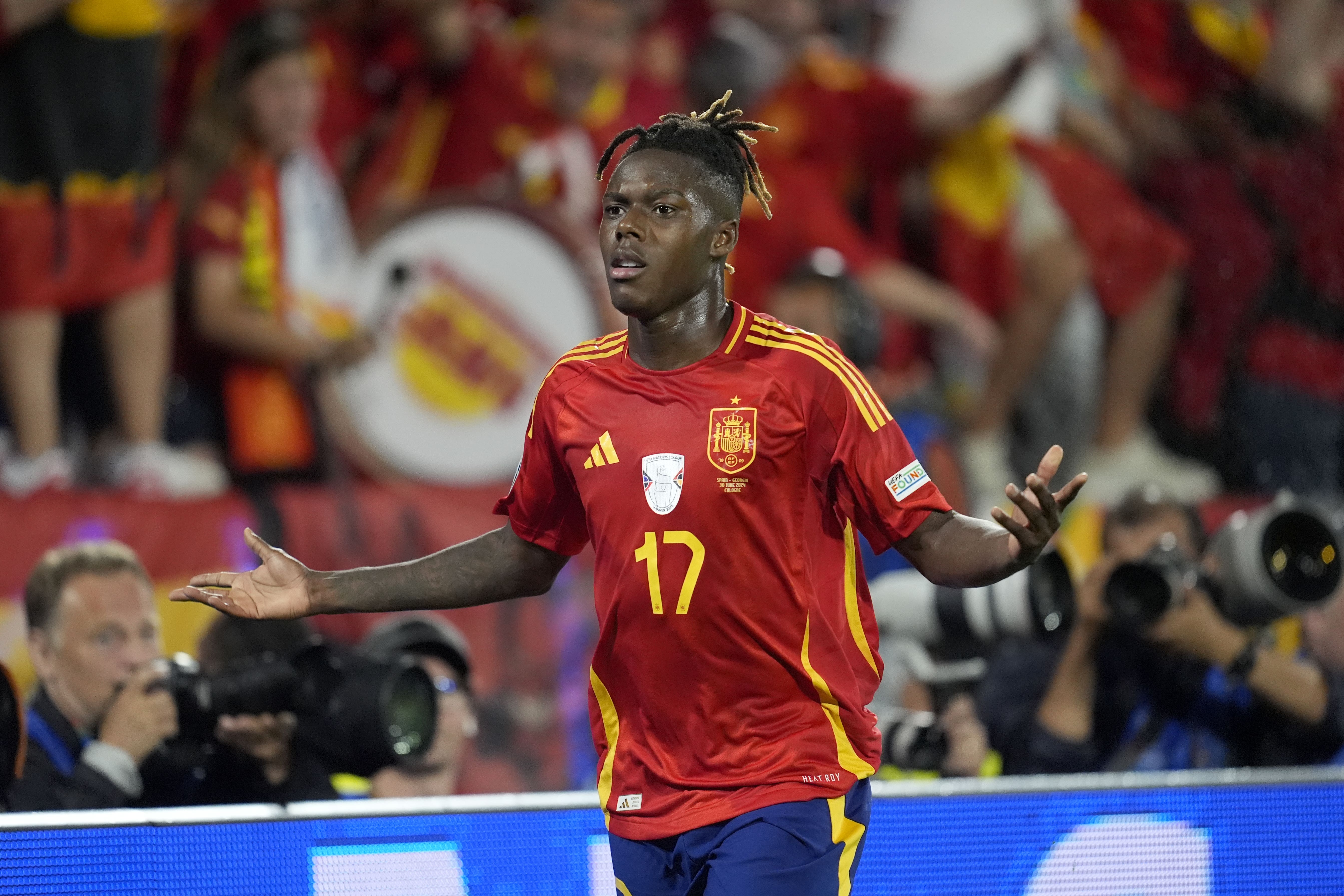 Nico Williams celebrates his goal in Spain’s 4-1 win over Georgia (Nick Potts/PA)