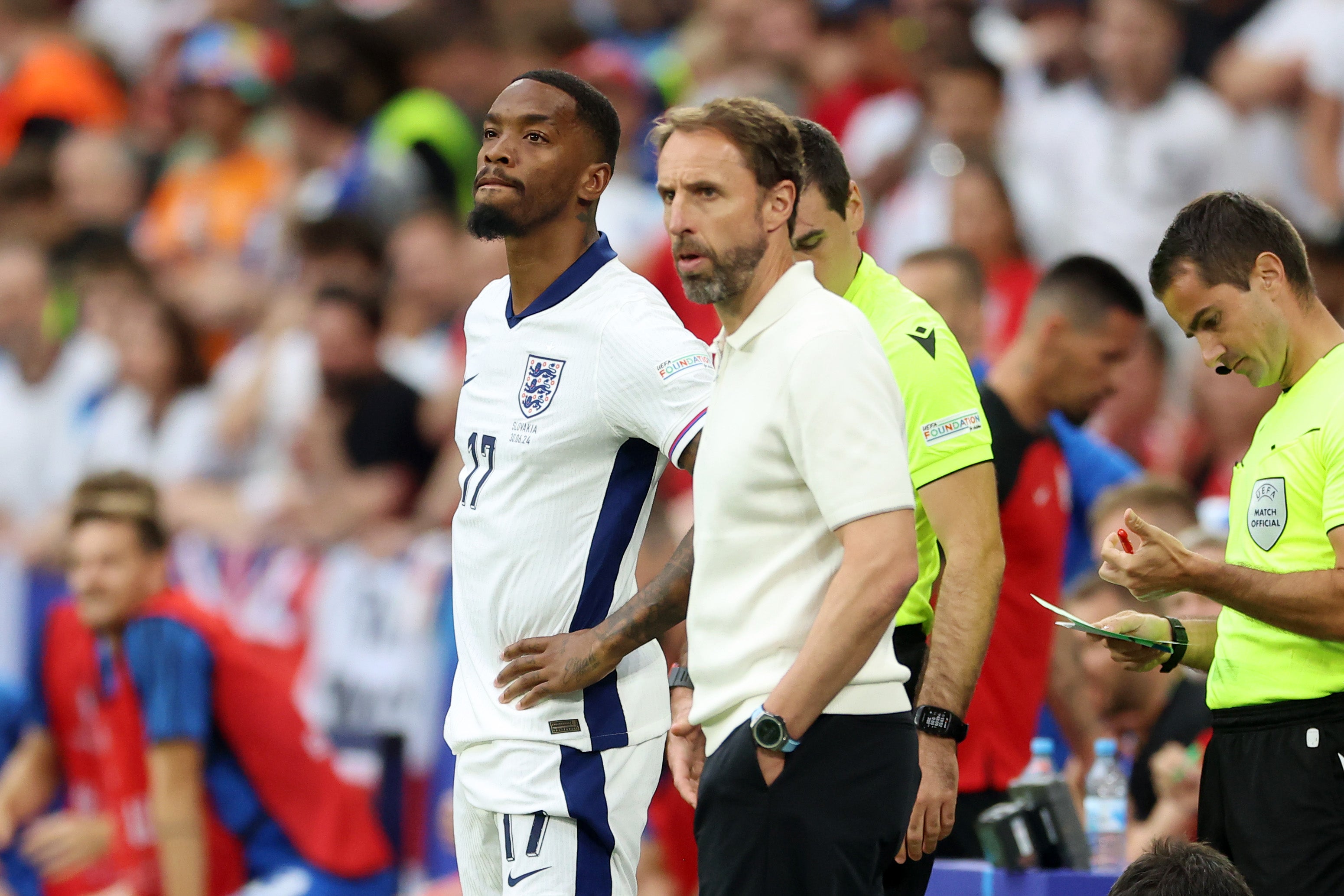 Ivan Toney prepares to join the fray in the 94th minute. ‘He had the hump with me,’ admitted Southgate