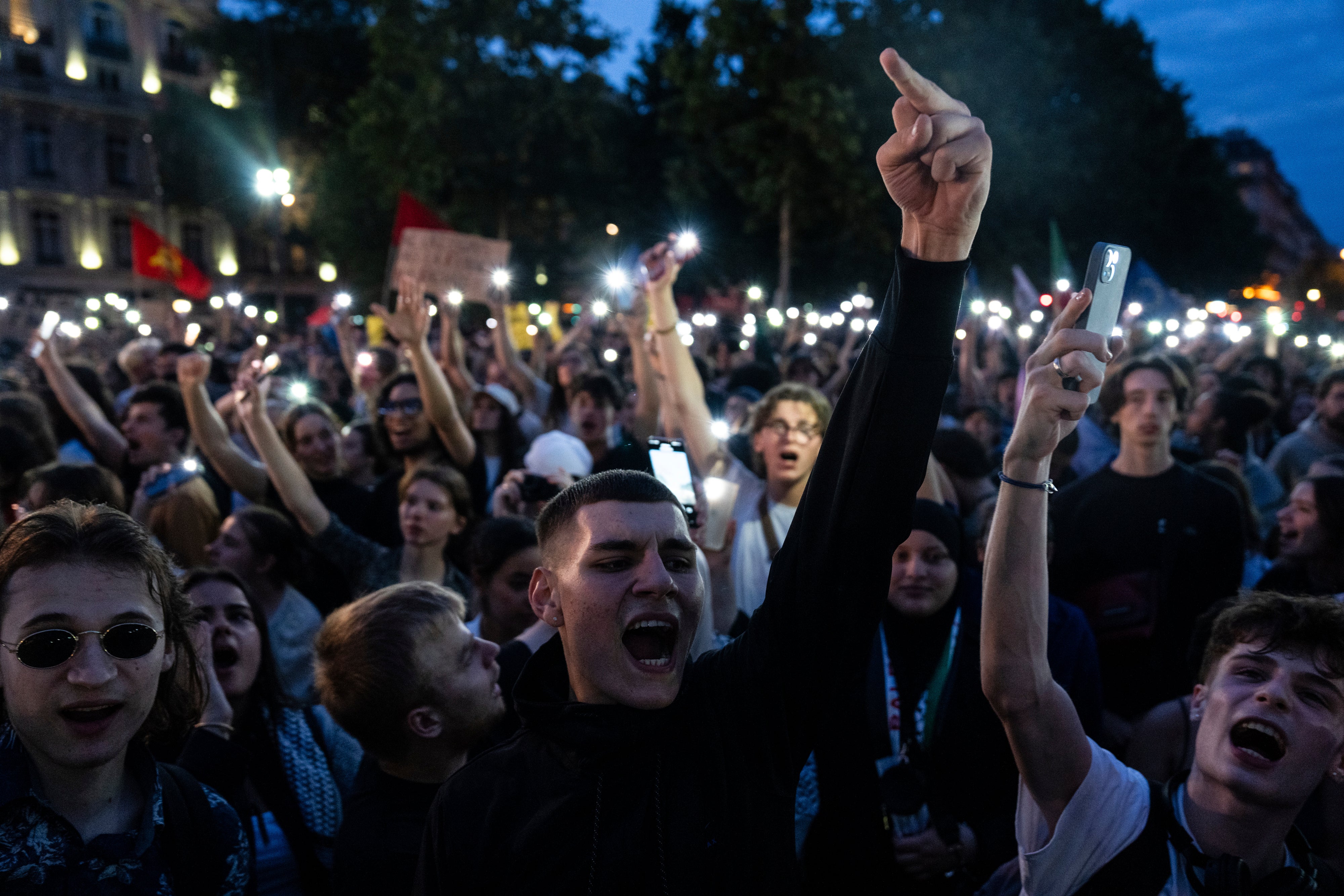 People gather at Republique square to protest the far-right National Rally