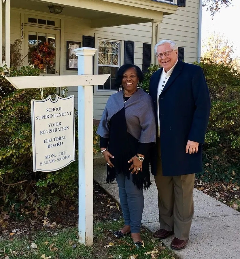 George Stepp (right) was killed in a freak crash in a McDonald’s parking lot in Texas. He served as superintendent of school in Fairfax, Virginia, 1996-2007 and is seen with one of his successors, Phyllis Pajardo, outside the school’s office