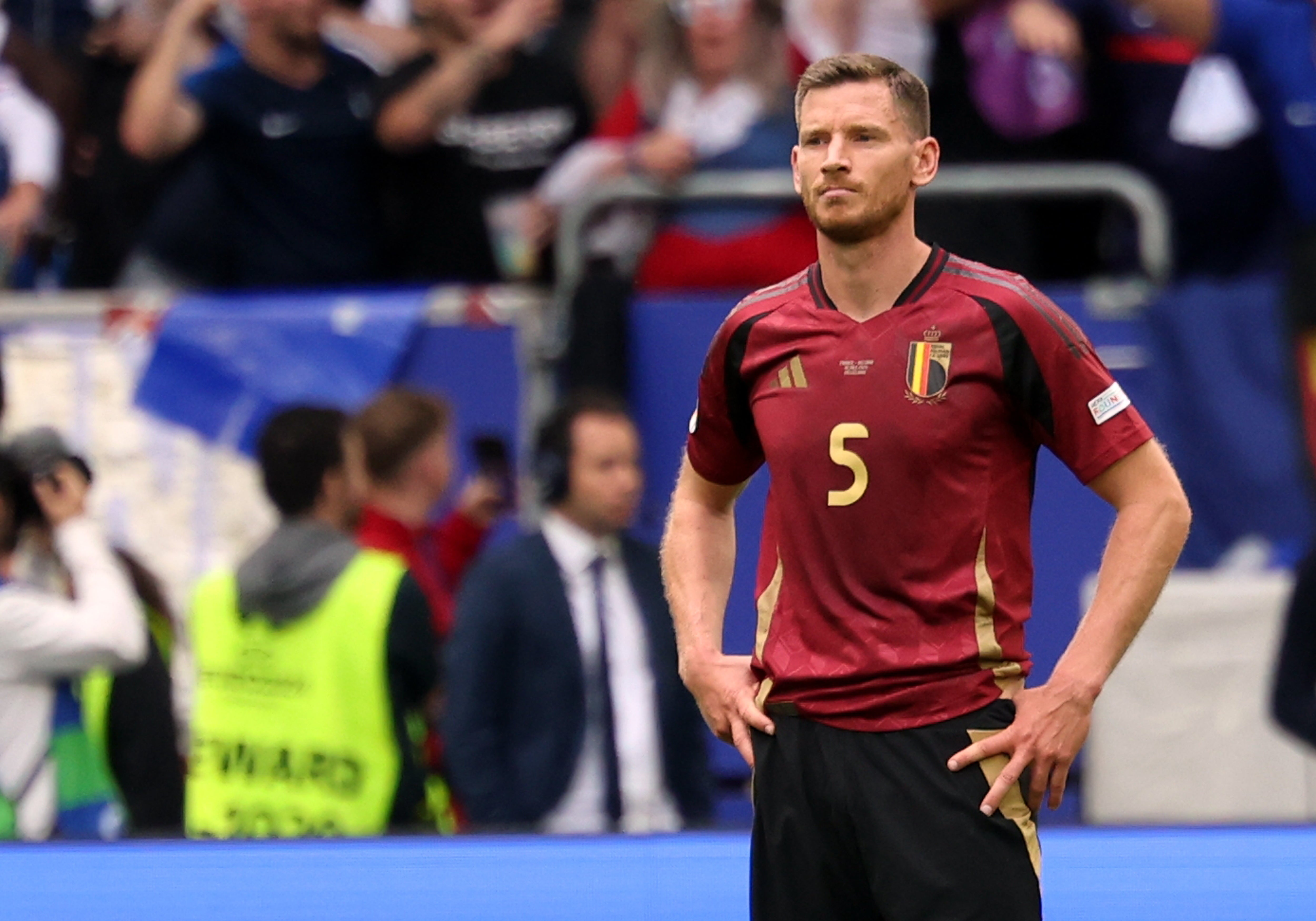 Jan Vertonghen reacts after scoring an own goal against France