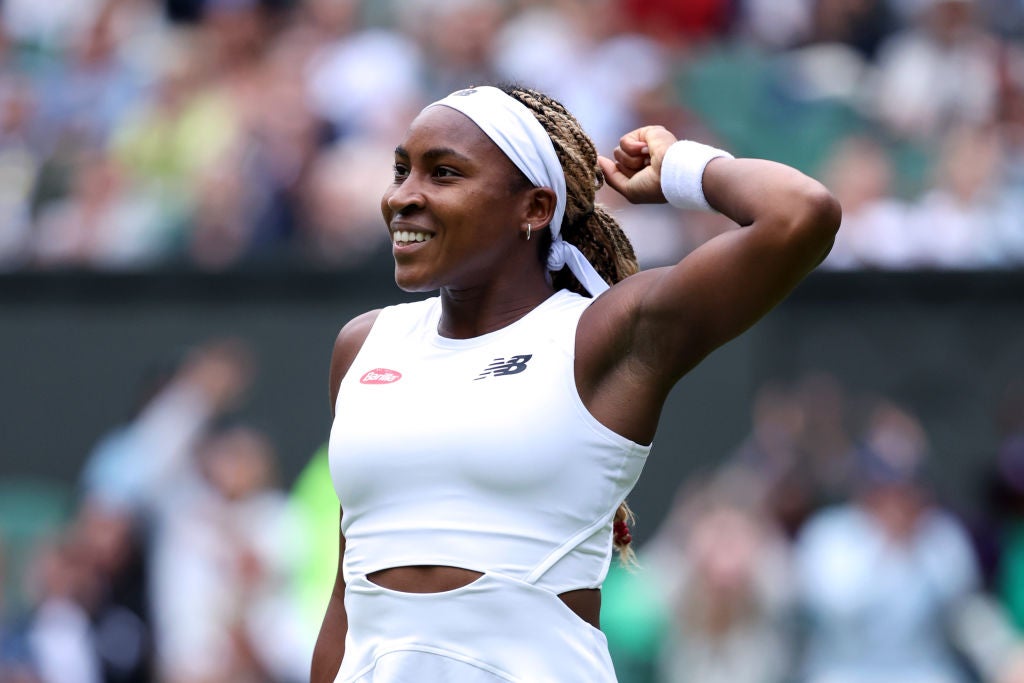 Gauff celebrates during her first-round over Caroline Dolehide