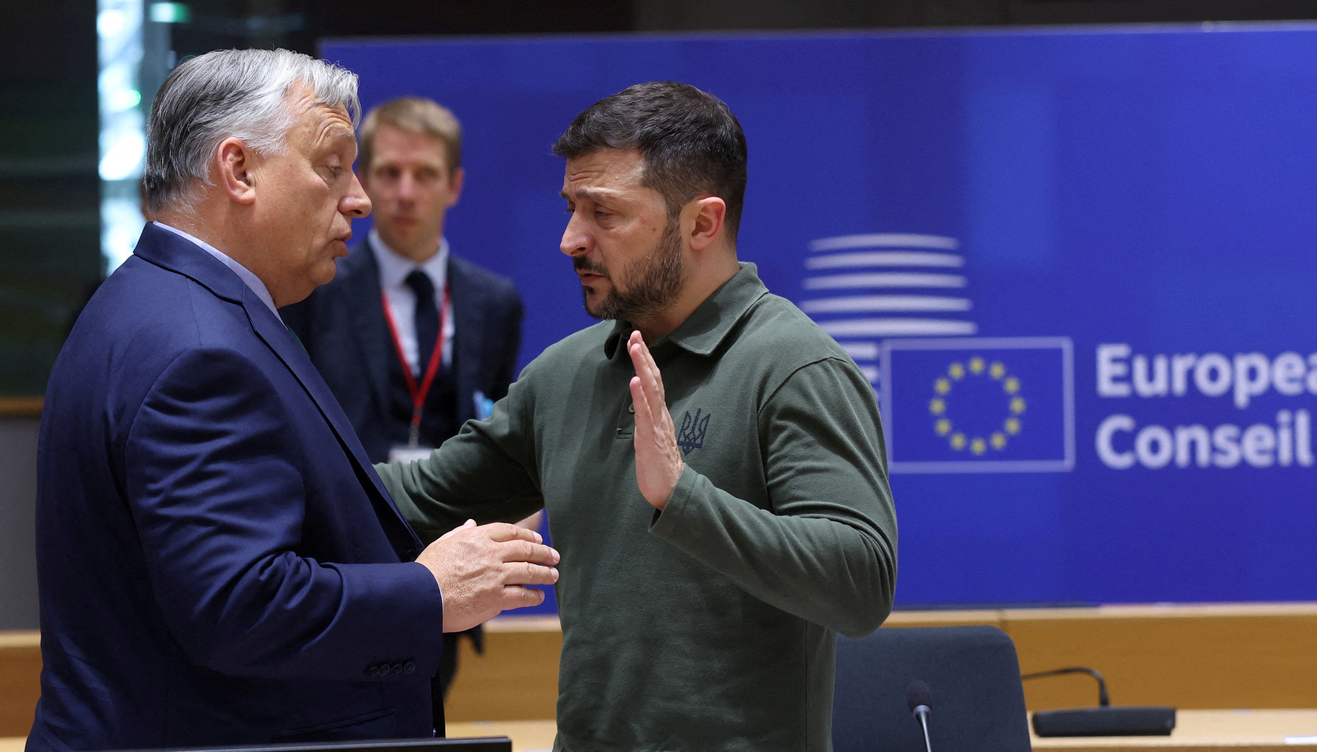 Hungarian Prime Minister Viktor Orban and Ukraine’s President Volodymyr Zelensky attend a European Union leaders’ summit in Brussels, Belgium June 27