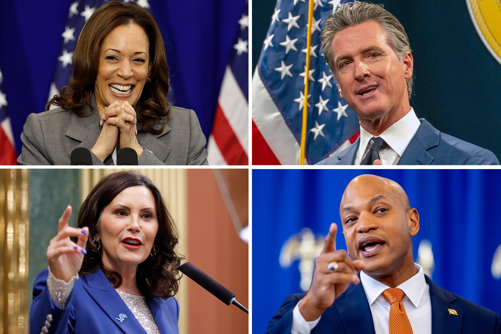 Clockwise from top left: Vice President Kamala Harris, California Governor Gavin Newsom, Maryland Governor Wes Moore and Michigan Governor Gretchen Whitmer, all possible candidates for a hypothetical ‘blitz primary’