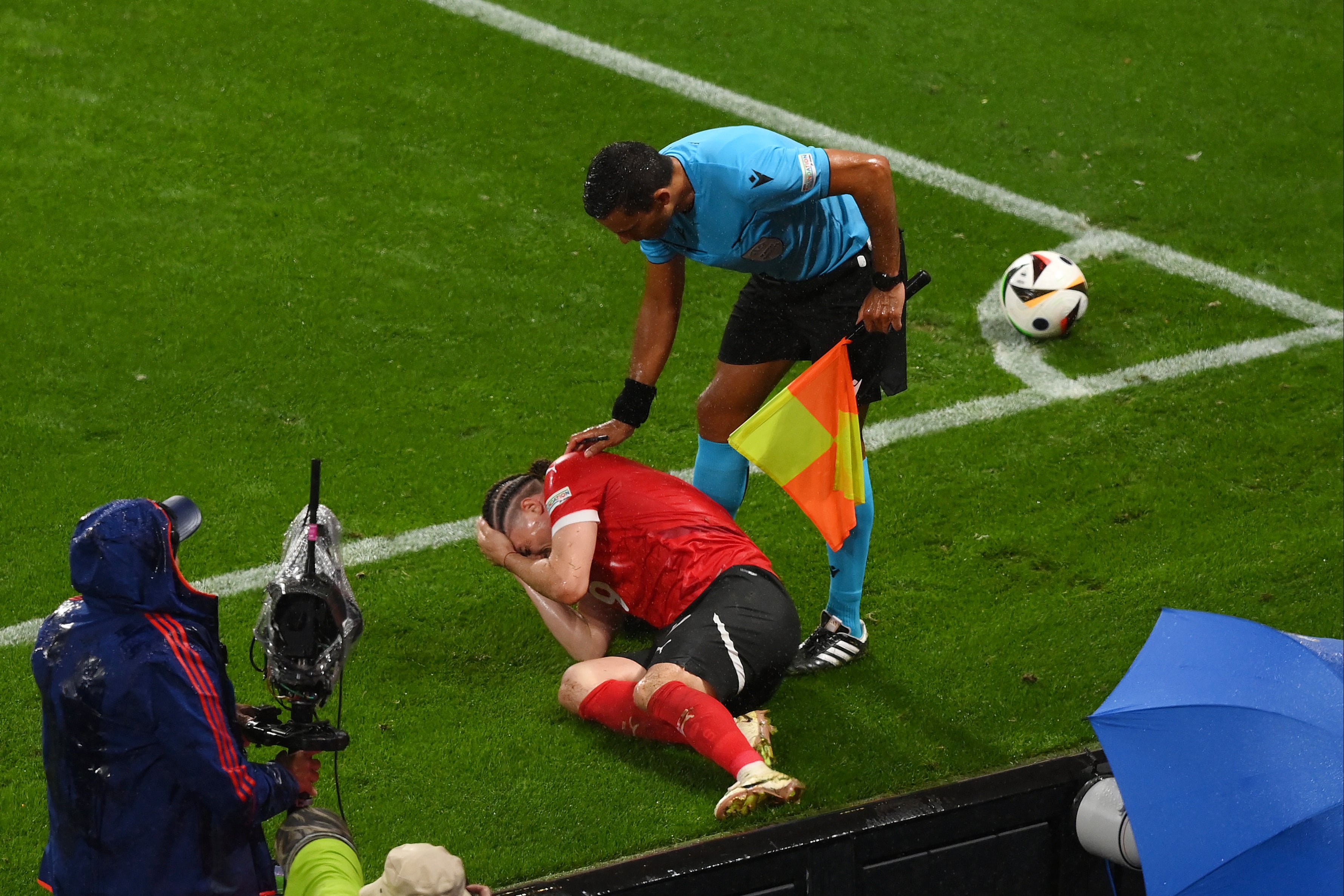 Marcel Sabitzer was struck by an item thrown from the stands in Leipzig