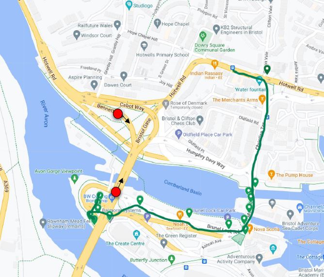 The last movements known of Jack O’Sullivan. The green line is his confirmed movements, the red spots are likely CCTV images of him and the direction he was walking