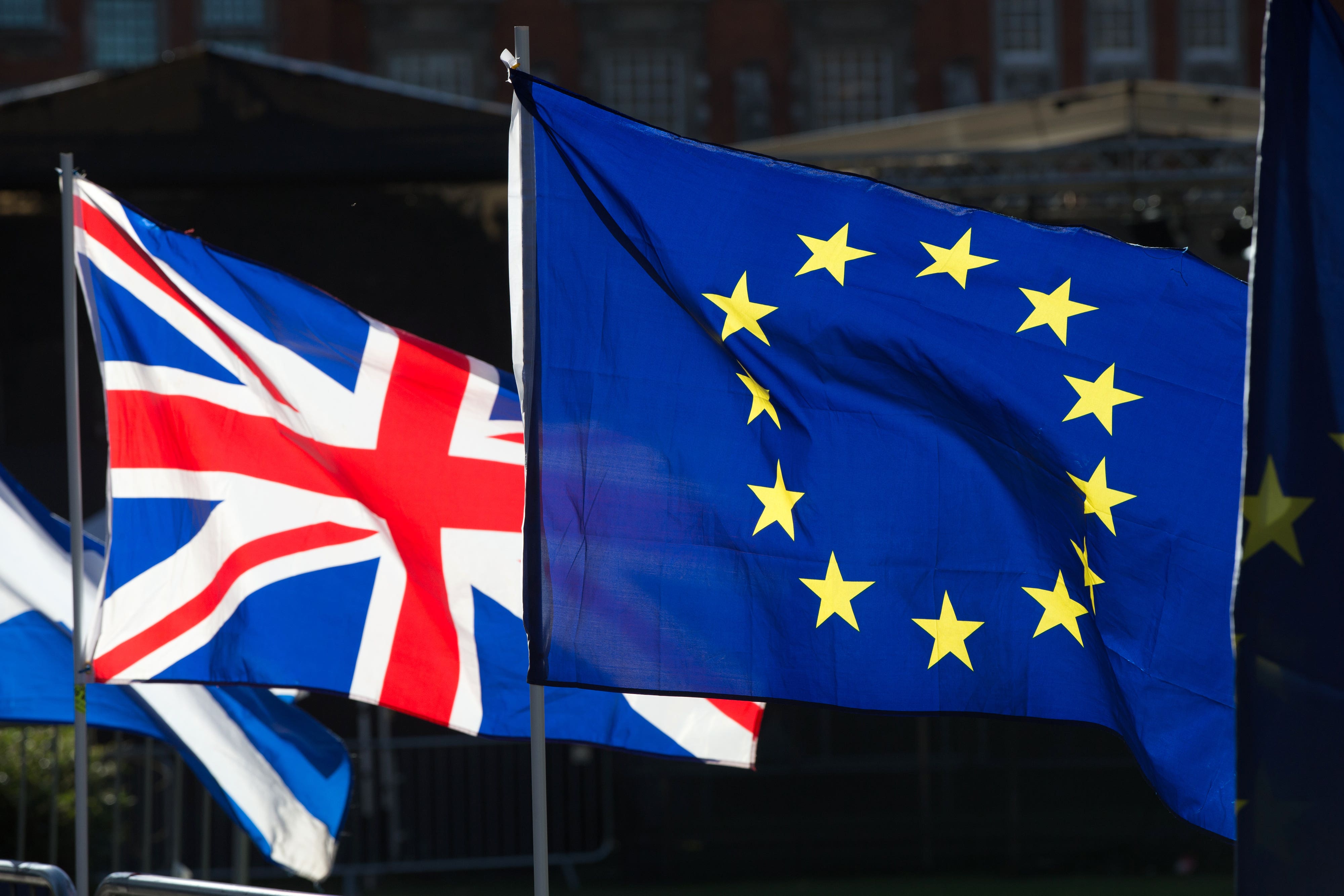 Union flag alongside the Europe flag (Jonathan Brady/PA)