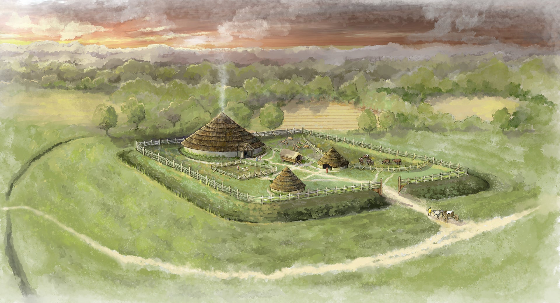 An artist’s impression issued by National Trust of an iron age farmstead enclosure