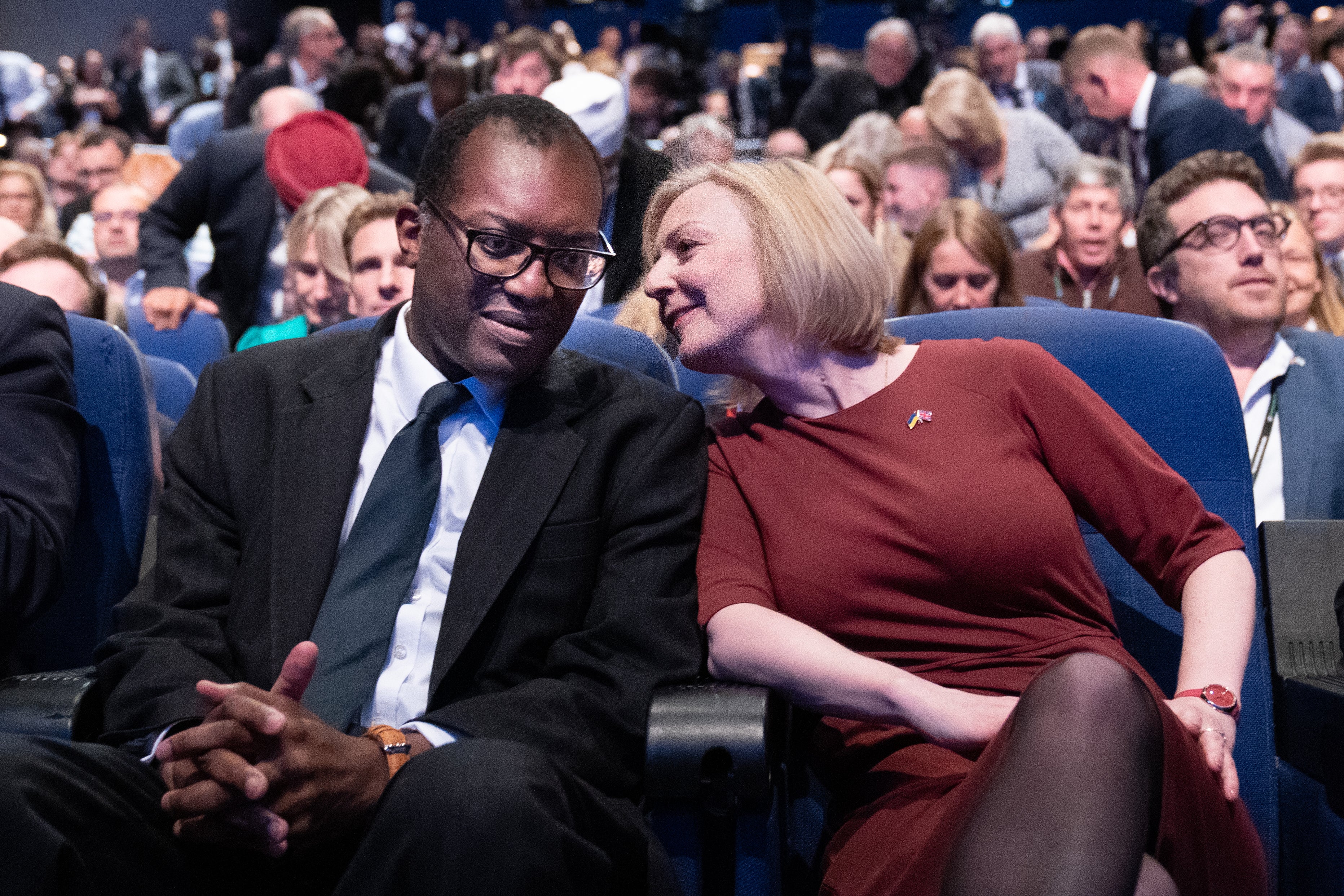 Chancellor Kwasi Kwarteng with Liz Truss at the Tory Party conference following his mini budget (Stefan Rousseau/PA)