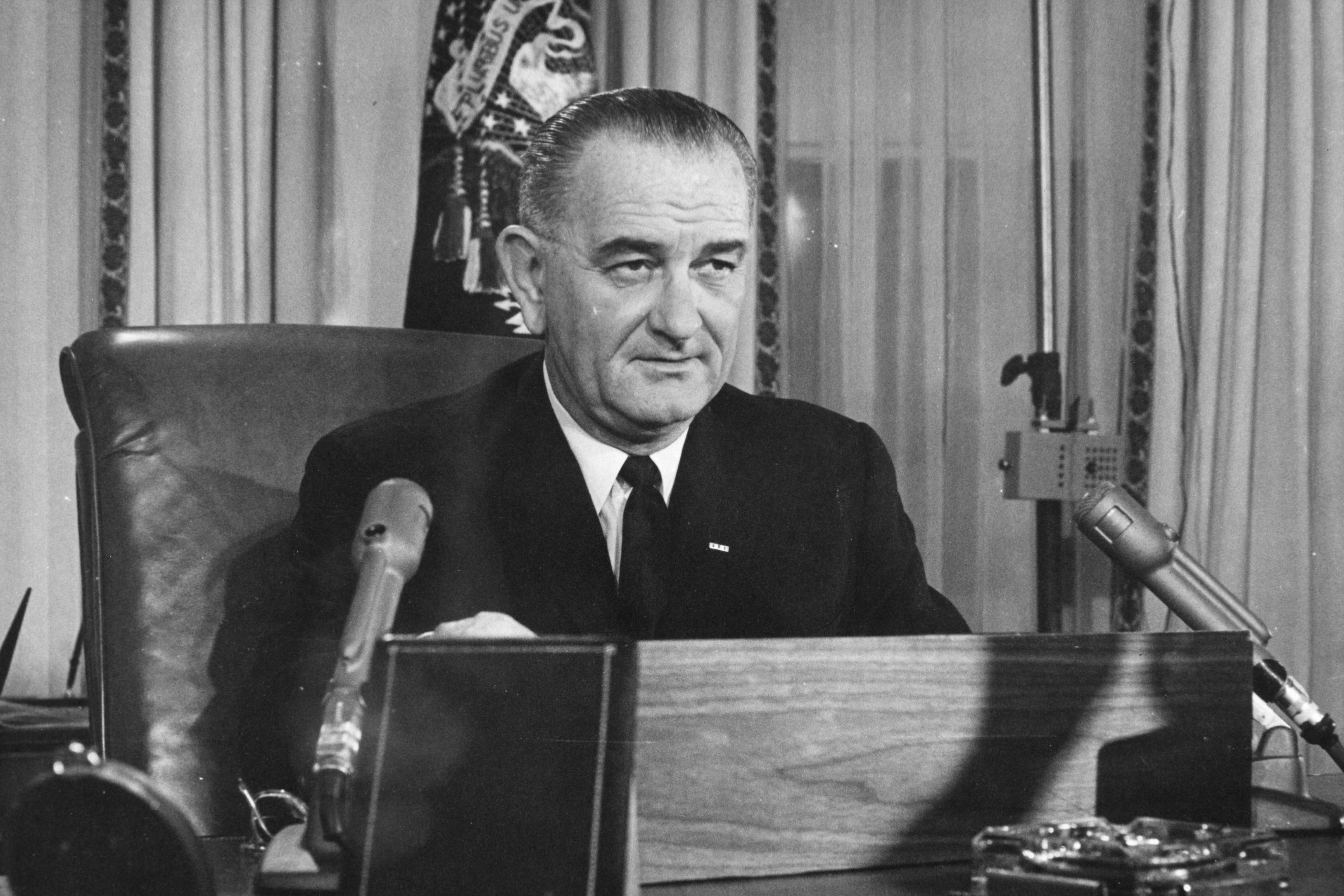 Lyndon Baines Johnson addresses the nation on his first Thanksgiving Day TV program, broadcast from the executive offices of the White House