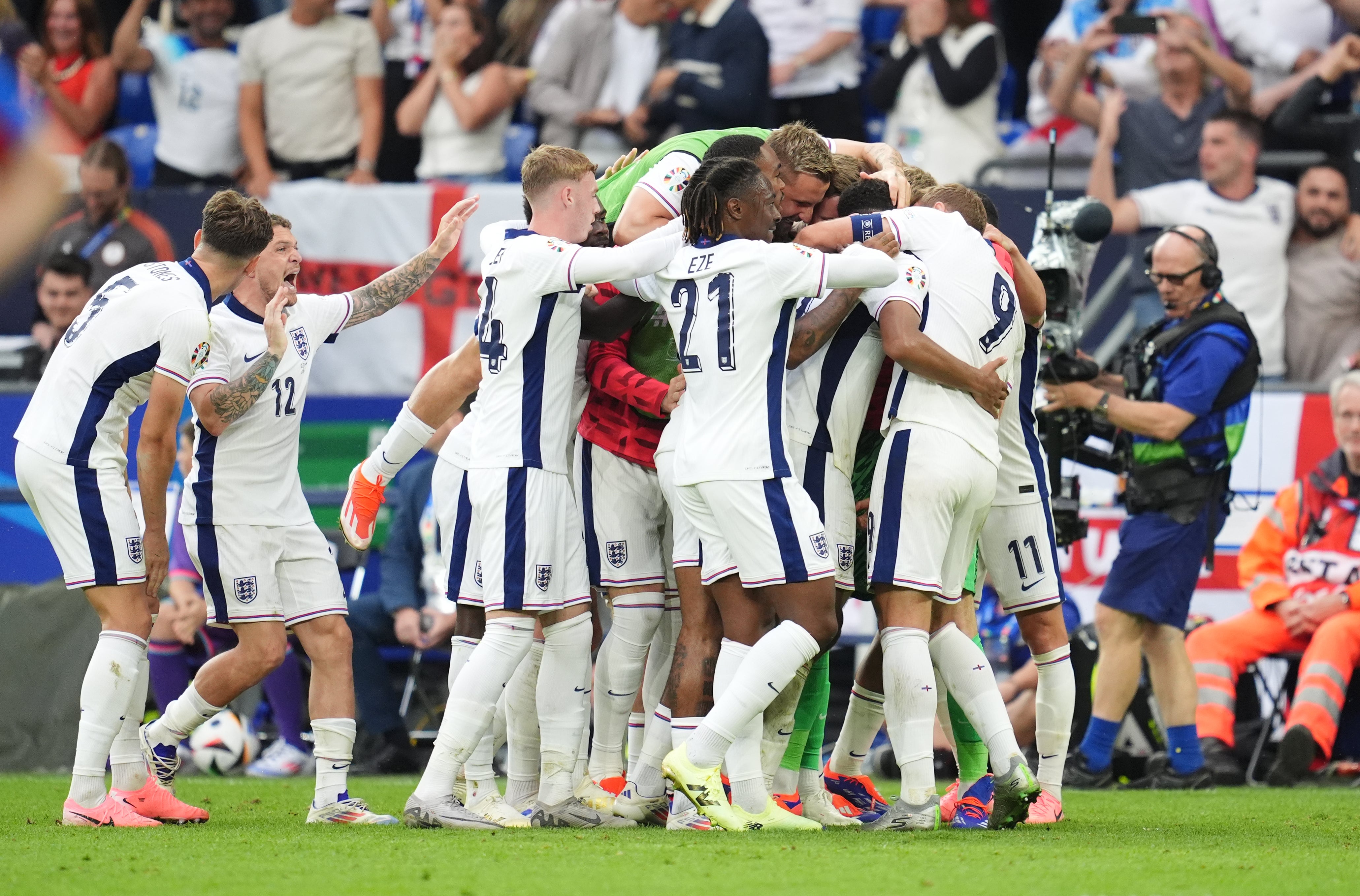 England players celebrate their dramatic win over Slovakia in the last 16