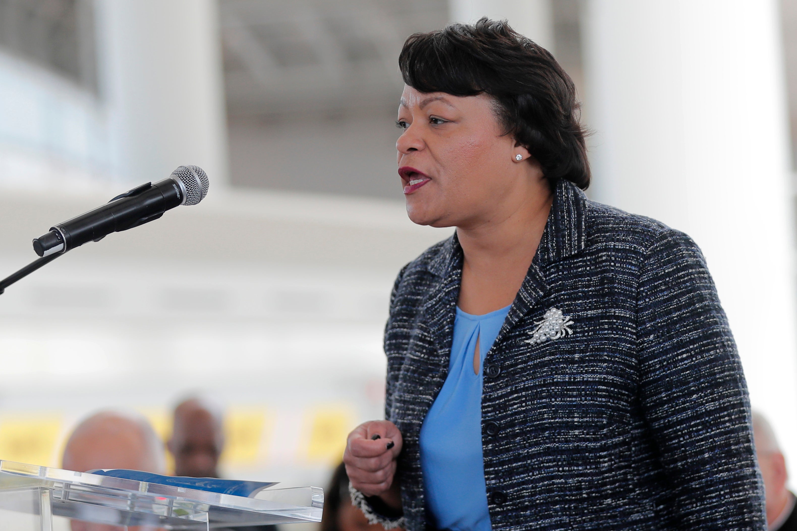 New Orleans Mayor LaToya Cantrell speaks in Kenner, Louisiana, in 2019. The mayor said she would hold a news conference at noon to discuss the coming storm. The presser will be streamed on Instagram.