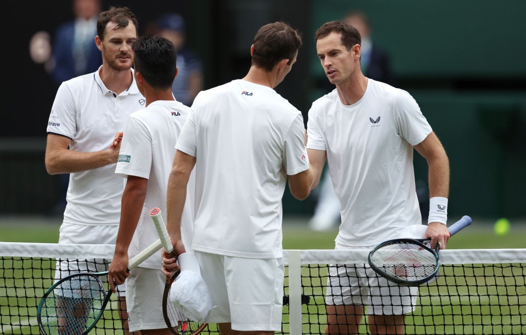 The Murray brothers shake hands with Rinky Hijikata and John Peers after the Australian pair’s straight-sets victory