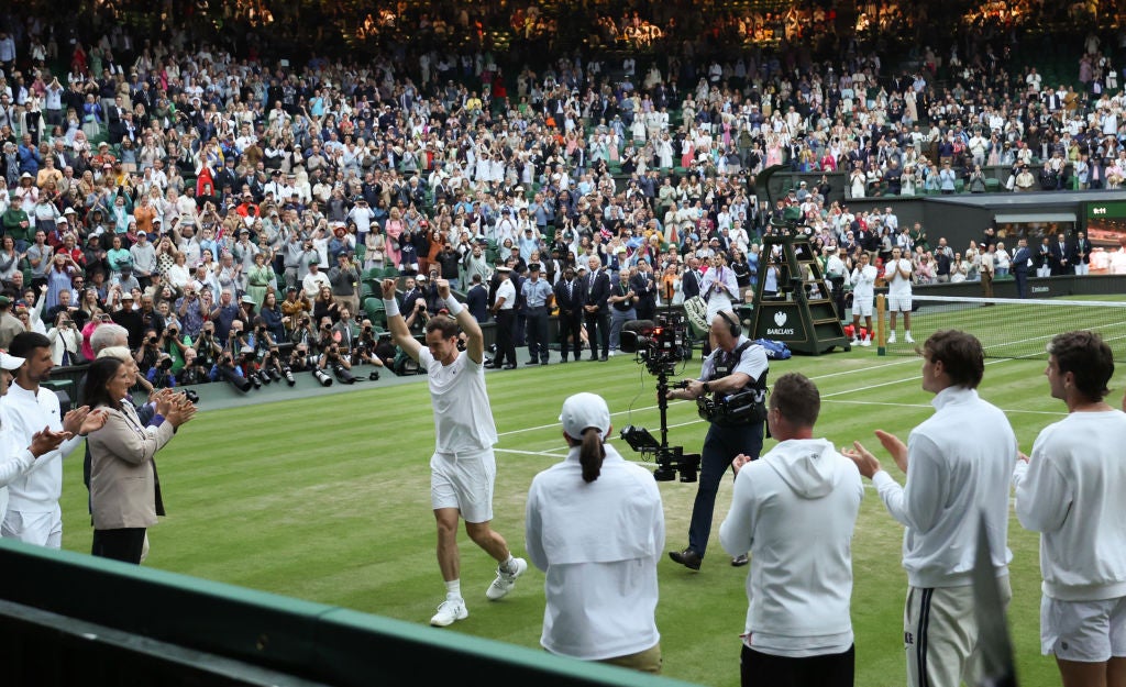 Andy Murray acknowledges the crowd on Centre Court after his defeat