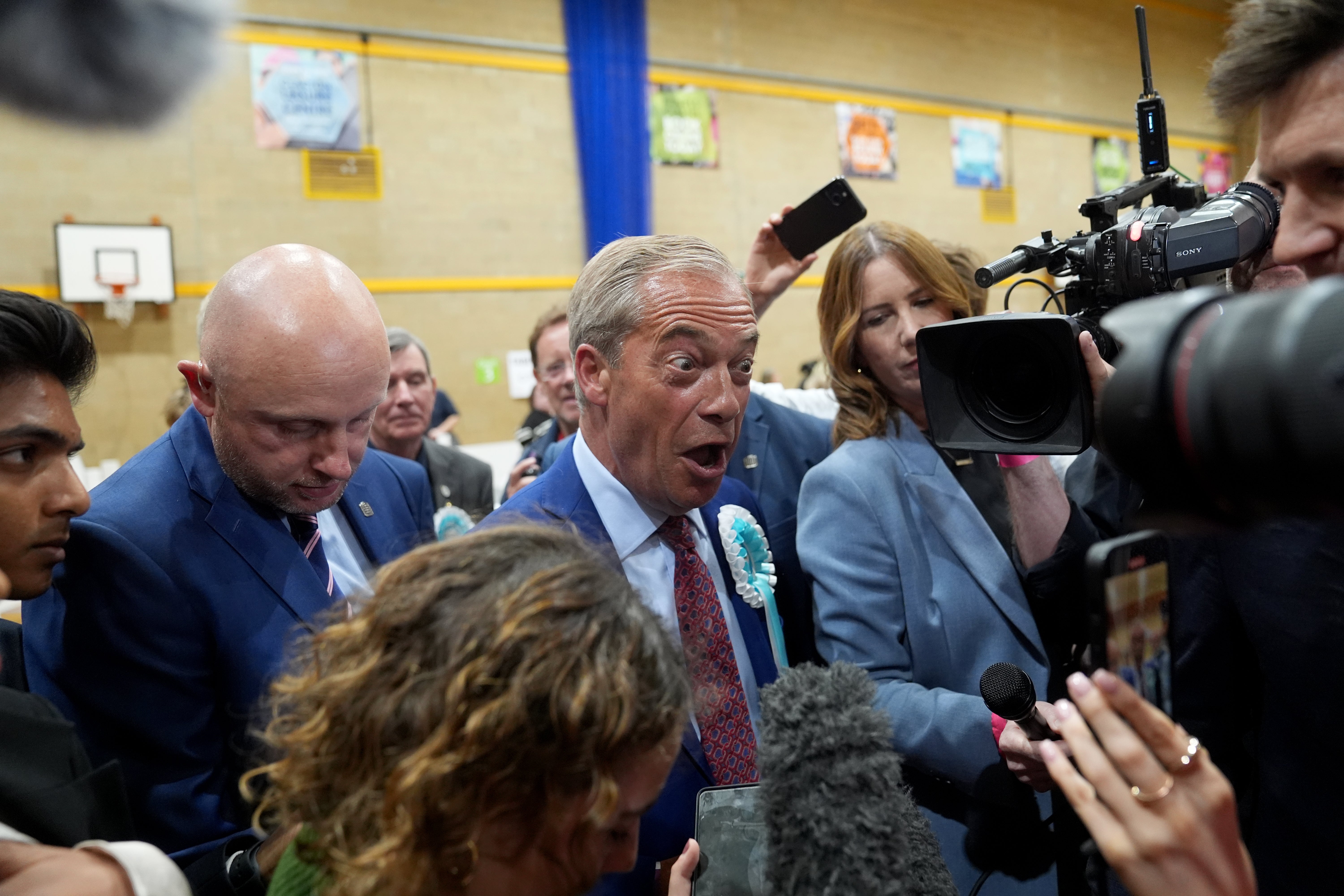 Nigel Farage at Clacton Leisure Centre as he was declared the winner of the constituency (Joe Giddens/PA)