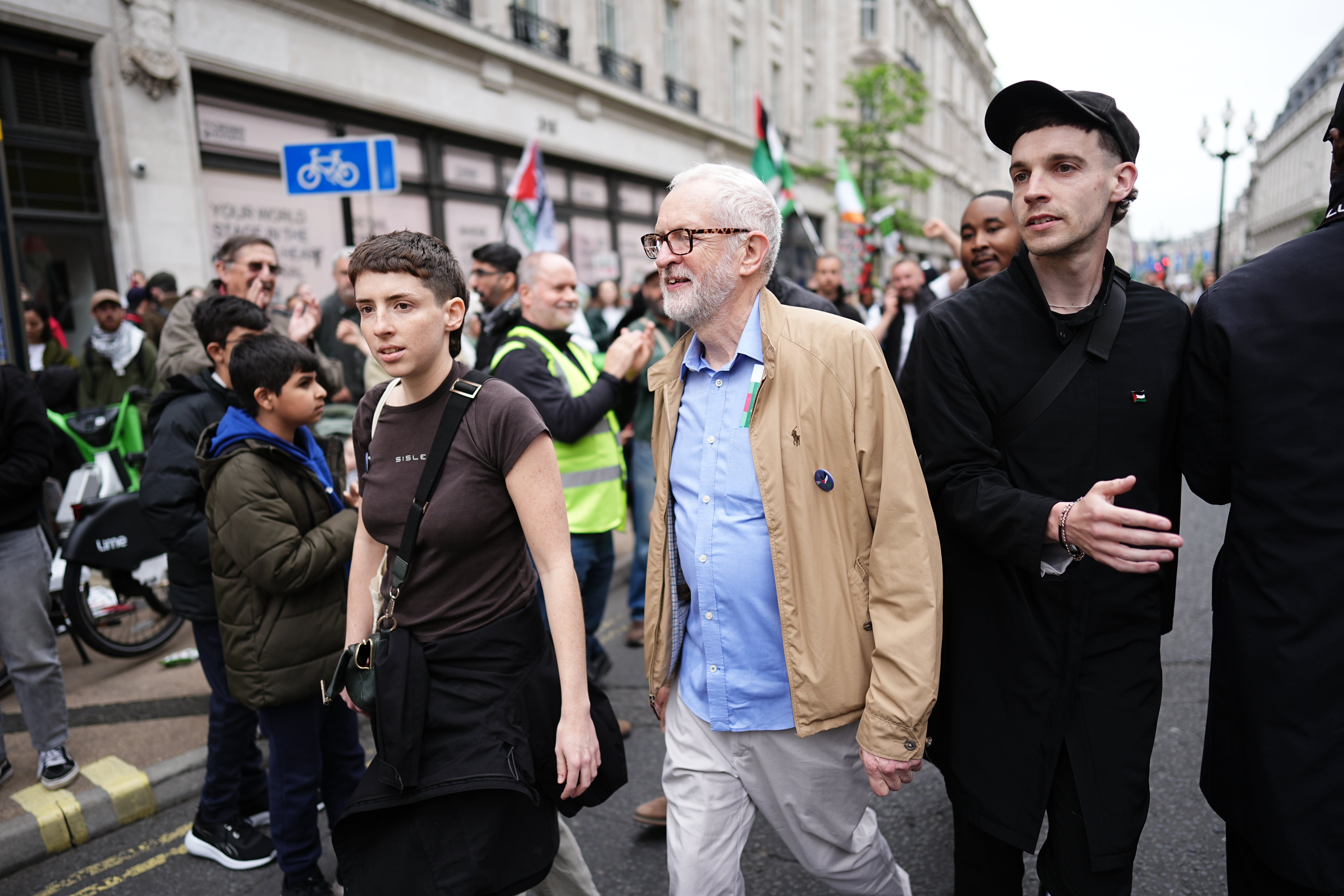 Former Labour Party leader Jeremy Corbyn takes part in a Nakba 76 pro-Palestine demonstration and march in London to mark the mass displacement of Palestinians in 1948, referred to as the Nakba