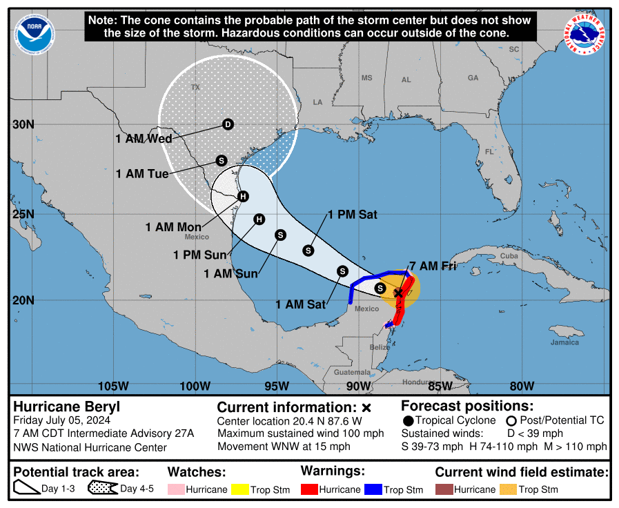 Map shows warnings and forecast for Hurricane Beryl