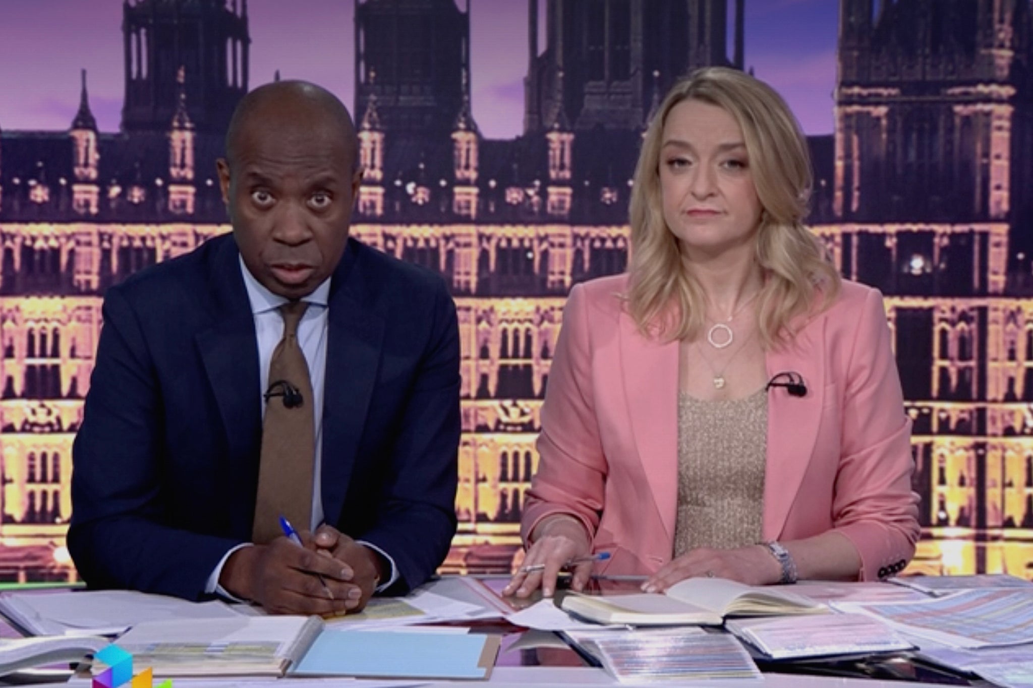 In the pink: Laura Kuenssberg dons a pink blazer to talk election coverage