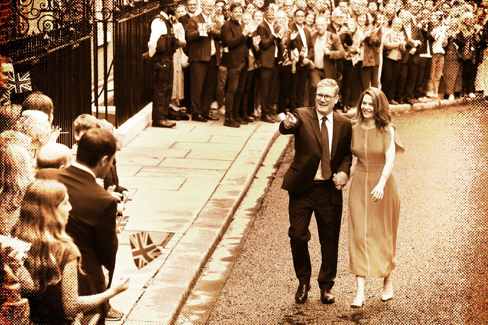 The newly elected prime minister and his wife Victoria greet crowds outside No 10