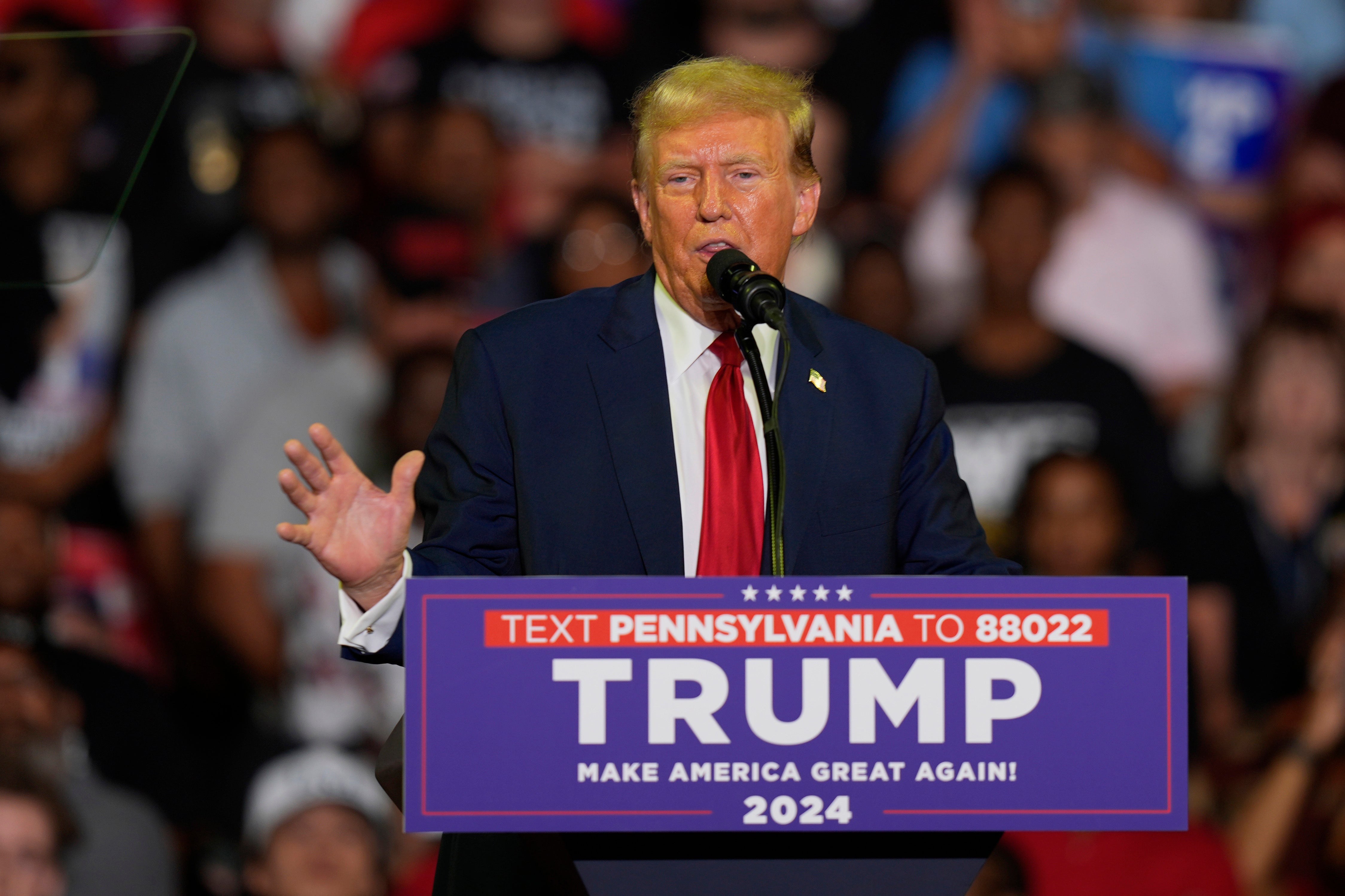 Donald Trump addresses a rally crowd in Philadelphia, Pennsylvania, on June 22