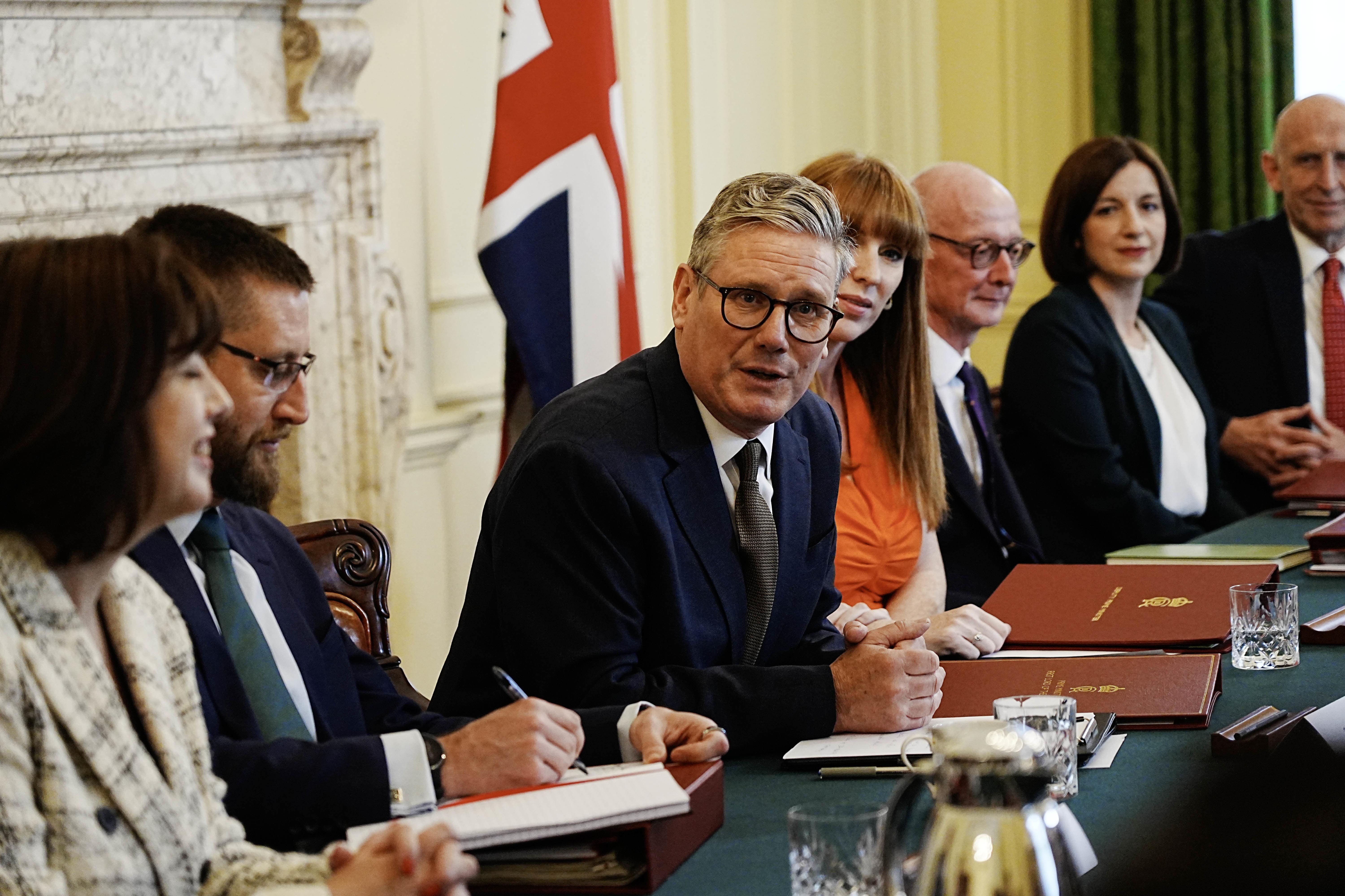 Prime Minister Sir Keir Starmer (centre) with deputy Angela Rayner hosts his first Cabinet meeting at 10 Downing Street, London (Chris Eades/The Sun/PA)