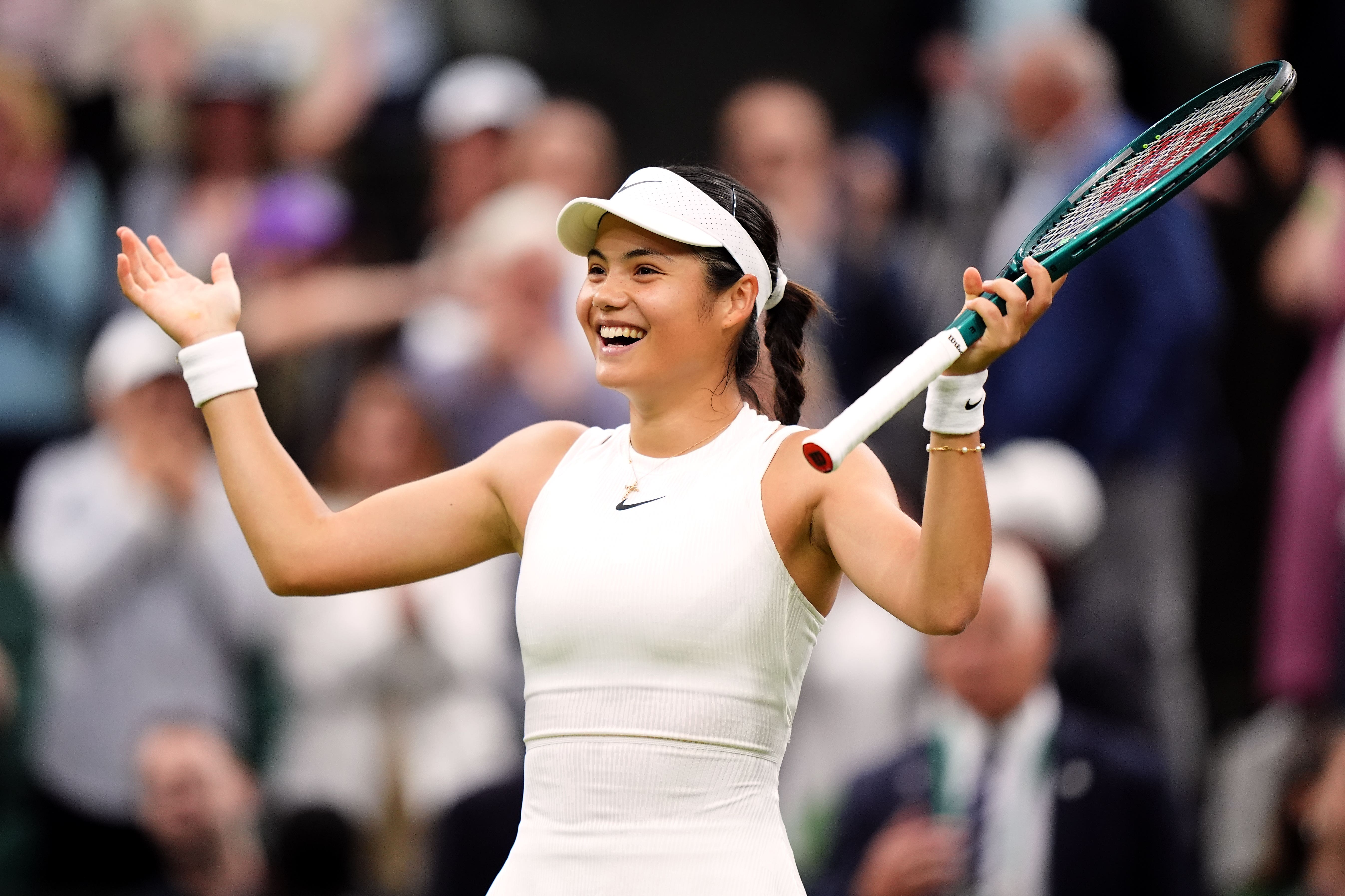 Emma Raducanu reacts after beating Maria Sakkari (Zac Goodwin/PA)